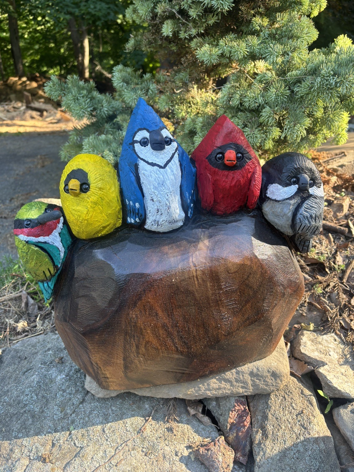 Chainsaw Carved Bird Group Sculpture Black Walnut Wood 15” Tall 13” Wide