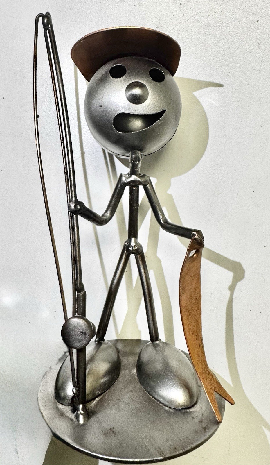 Art Metal Sculpture Fishing Figurine Copper Hat and Fish Steel