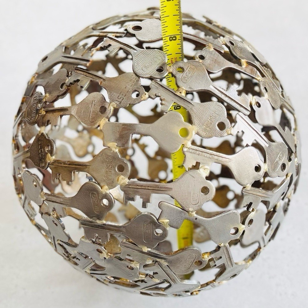 Vintage Handmade Welded Metal Key Sphere Retro Funky Decor 8”MCM Art Sculpture