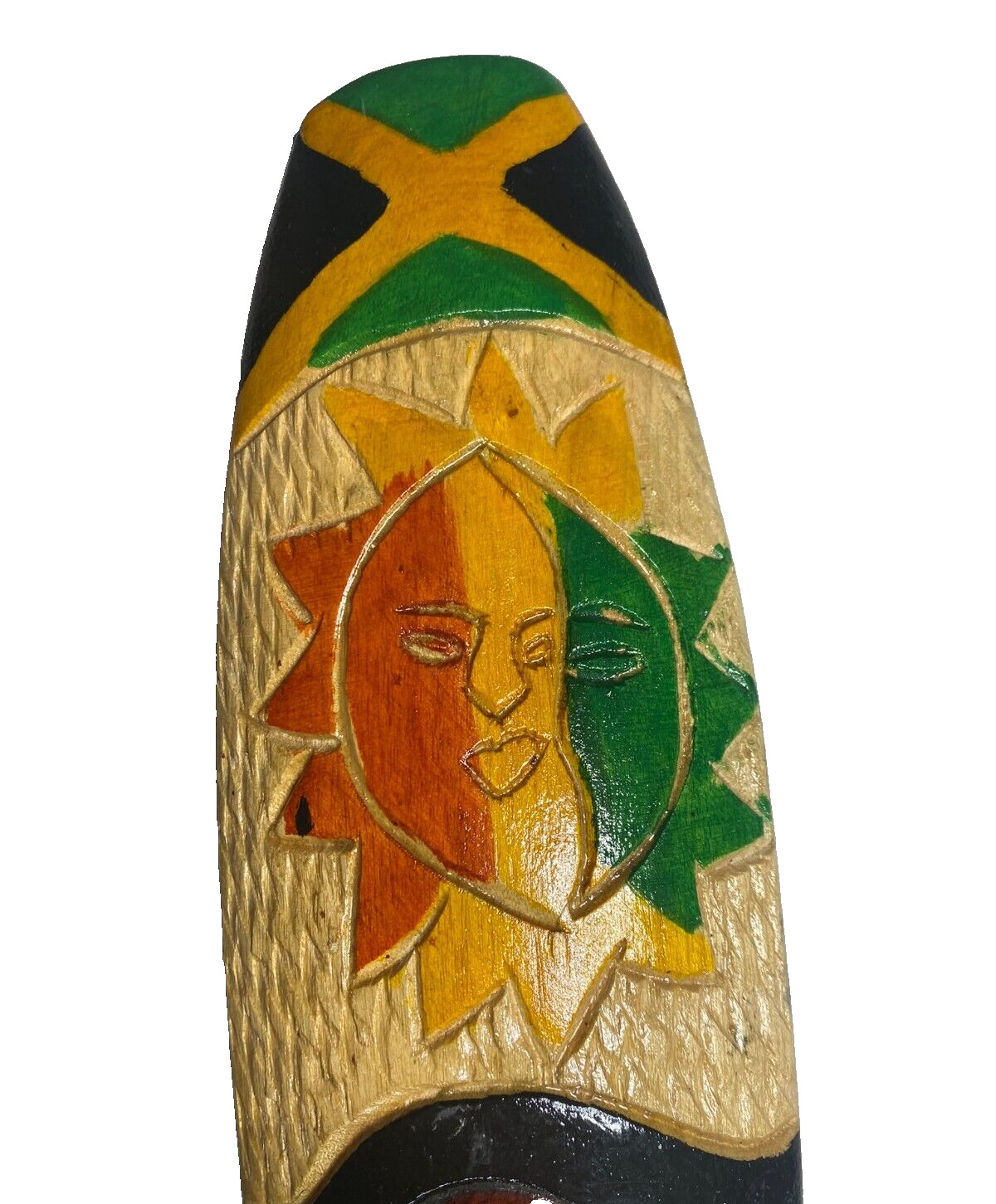 Hand Carved Wood Jamaican Folk Art Colorful Vibrant Sun Mask 15&Prime; x 3.75&Prime;