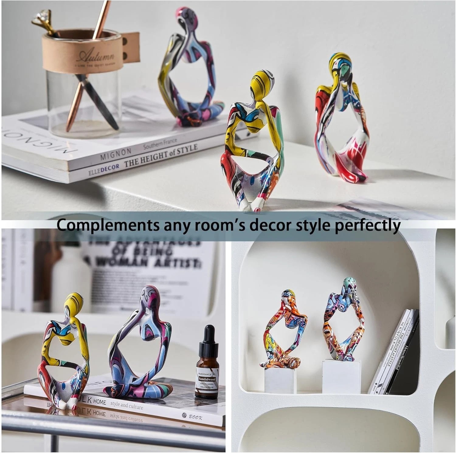 Set of 3 Colorful Resin Abstract Thinker Statues for Living Room