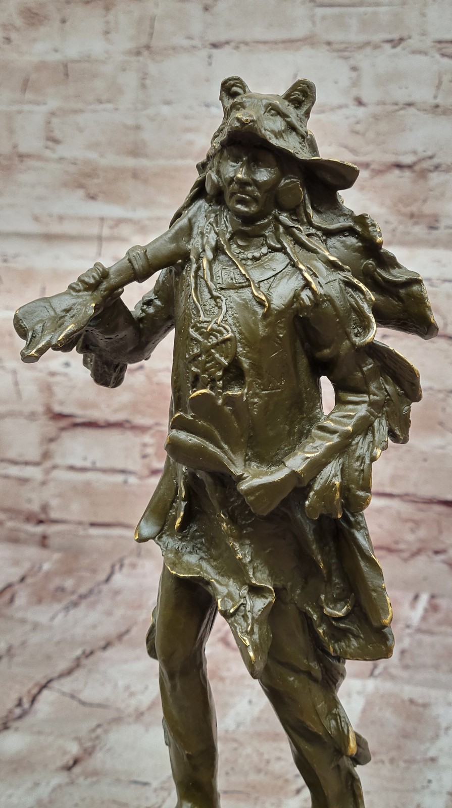 Limited Edition Indian Chief Bronze Sculpture with Headdress by C M Russell Home