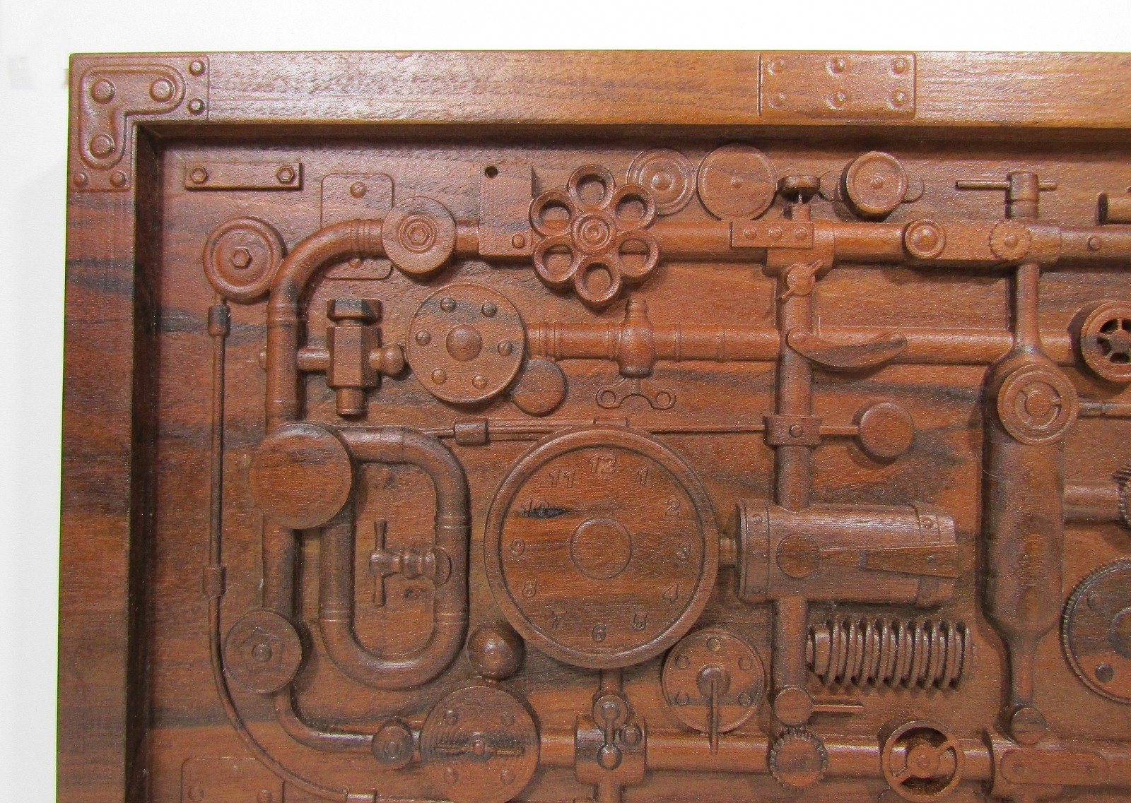 Industrial Steampunk Carved Wood Pipes & Gears Relief Wall Art Panel 20×12