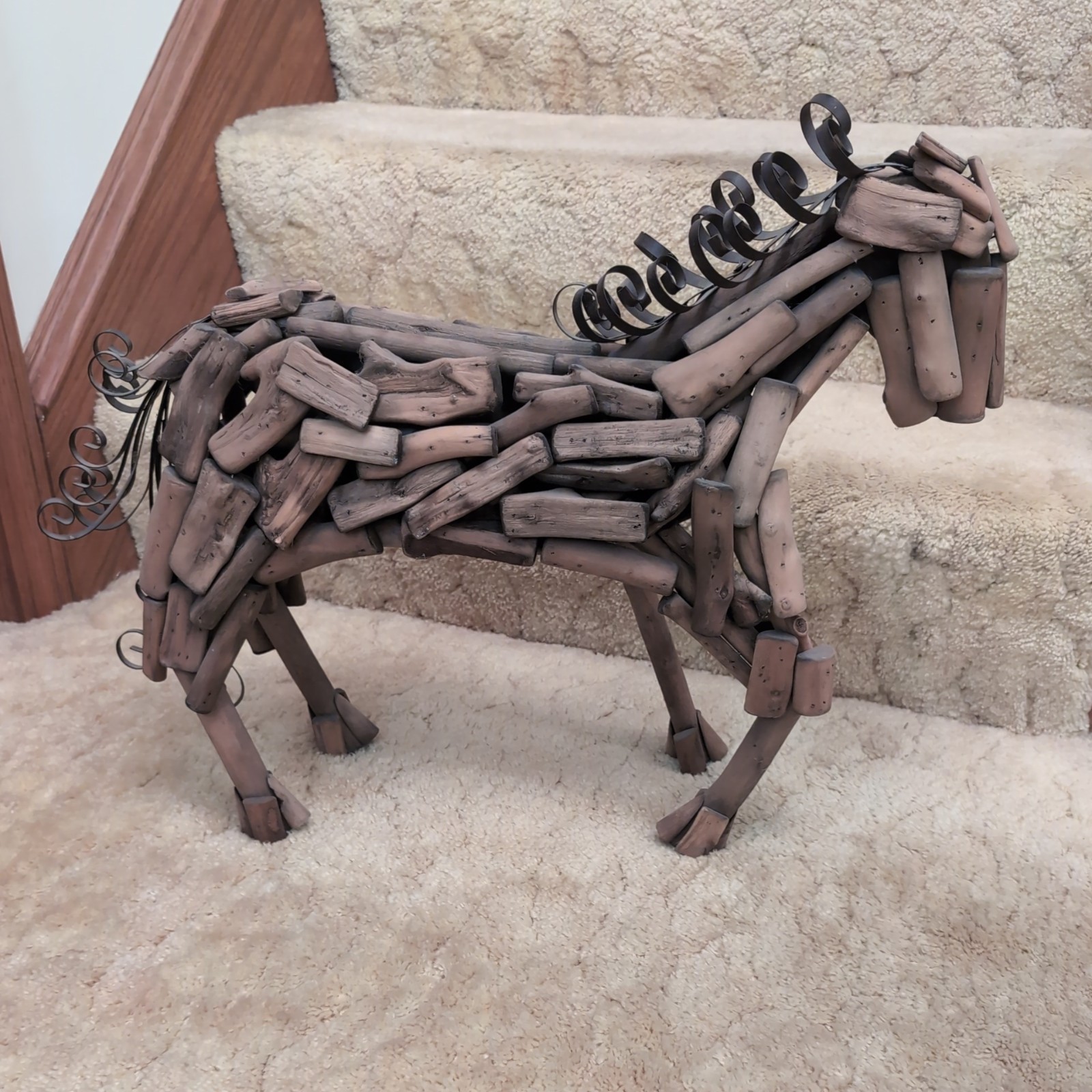 Large Free Standing Driftwood Horse Wood Modern Art Sculpture Metal Mane & Tail