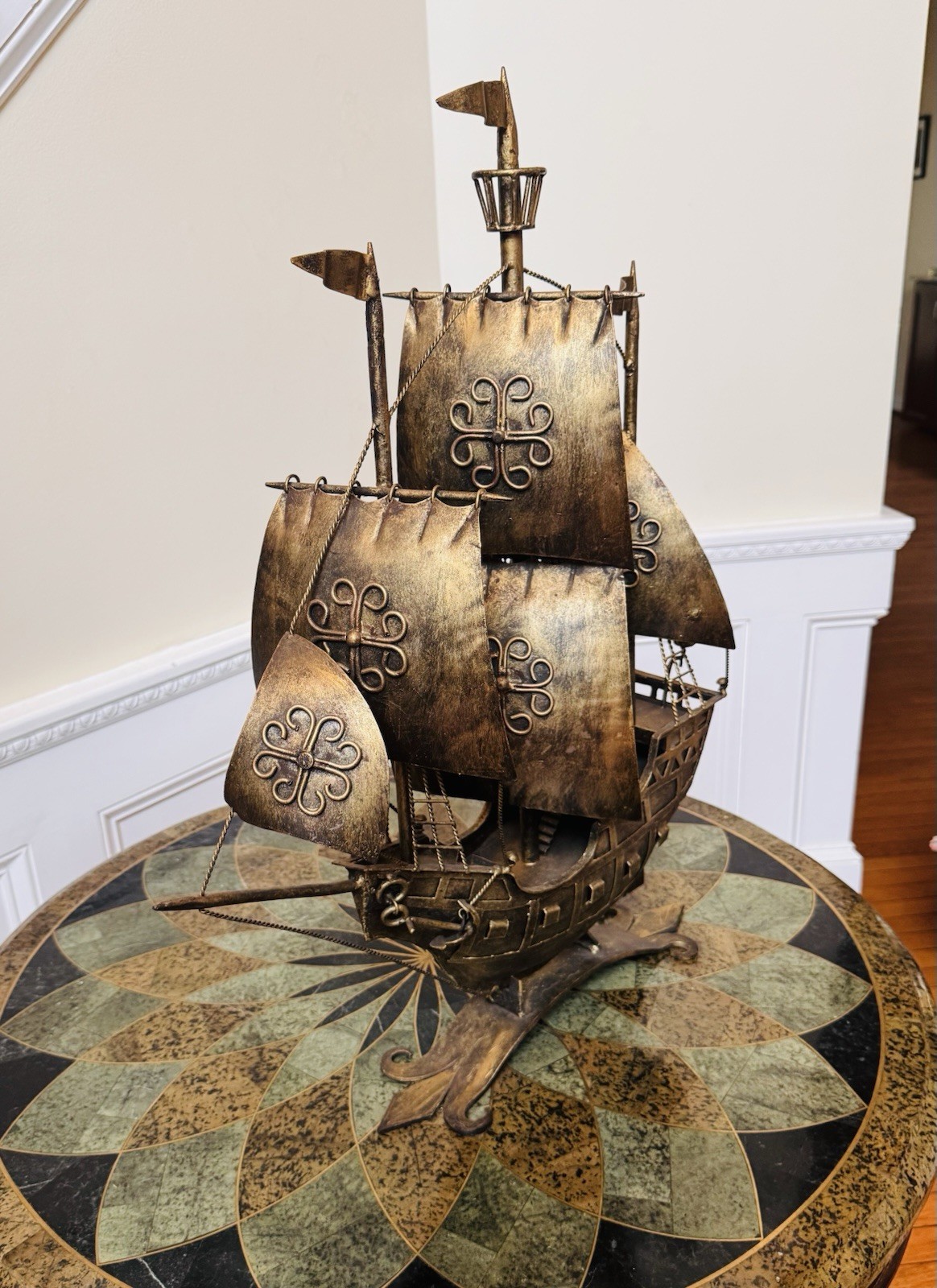Vintage Brutalist Metal Spanish Galleon Ship Sculpture Signed Shamrock Mark MCM