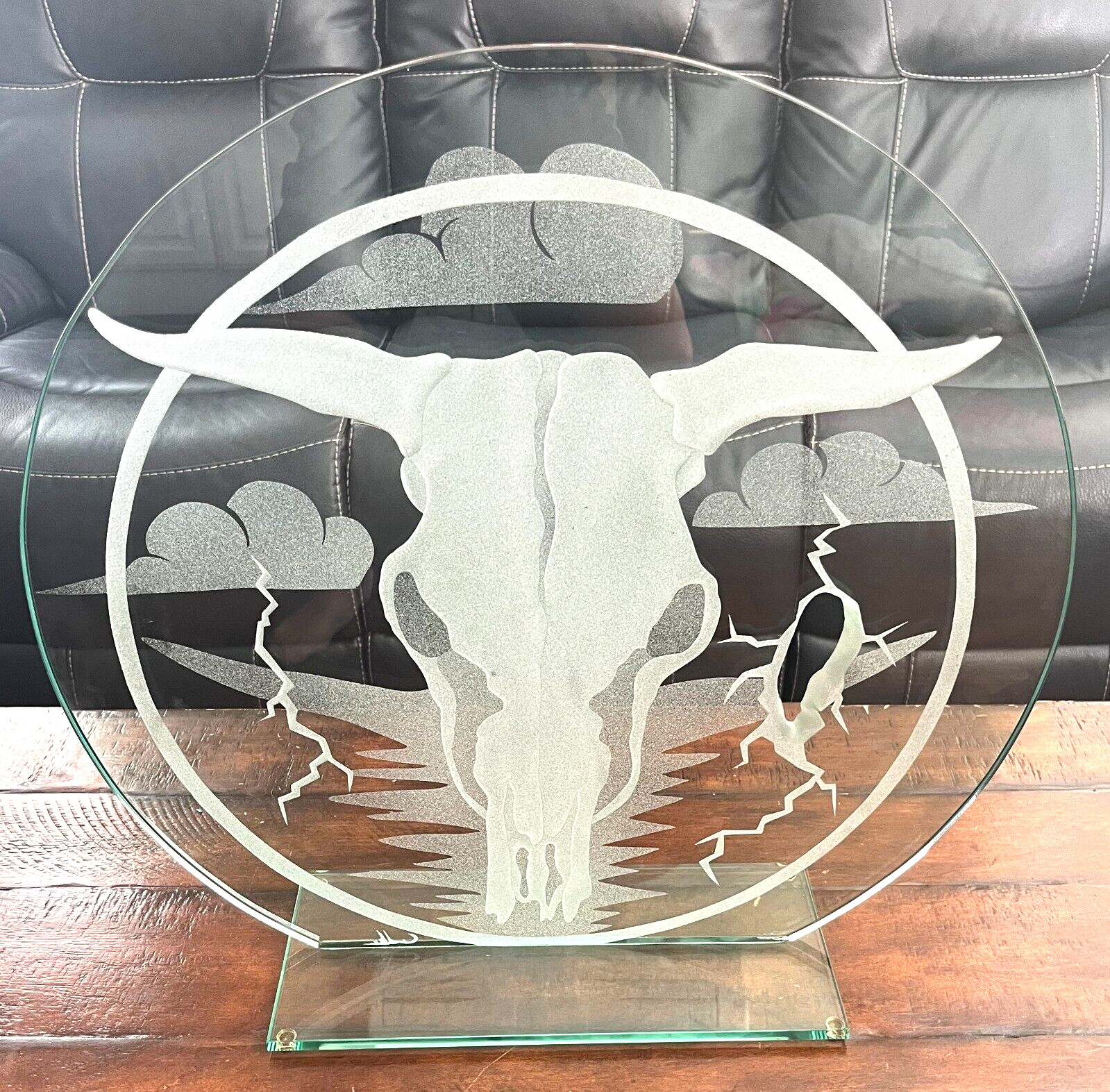 Large Cow Steer Skull Art Glass 24&Prime; Wide Etched Free Standing