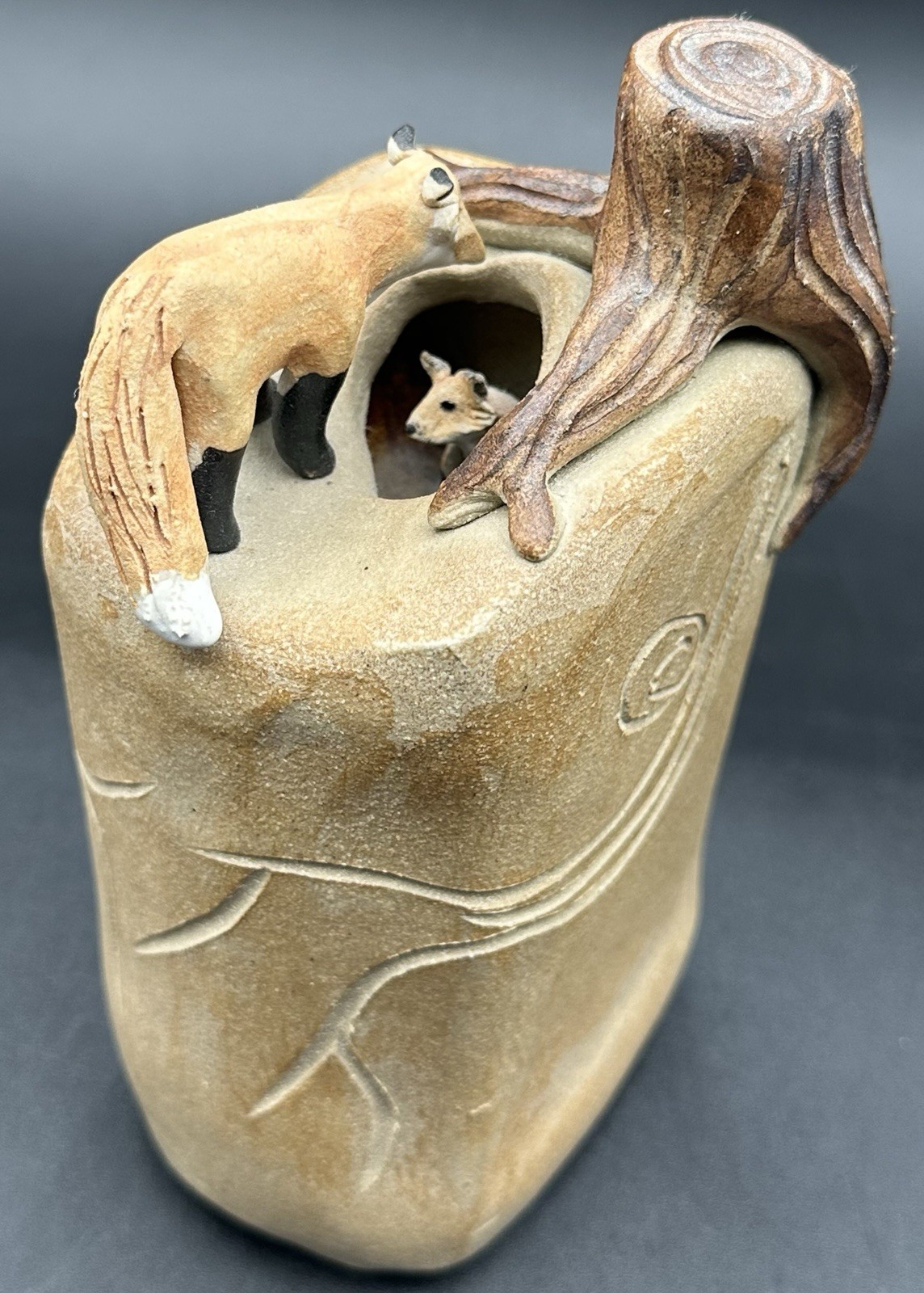 Dan and Lee Ross Studio Pottery Sculpture Fox Den Burrow Tree Stump MN Artists