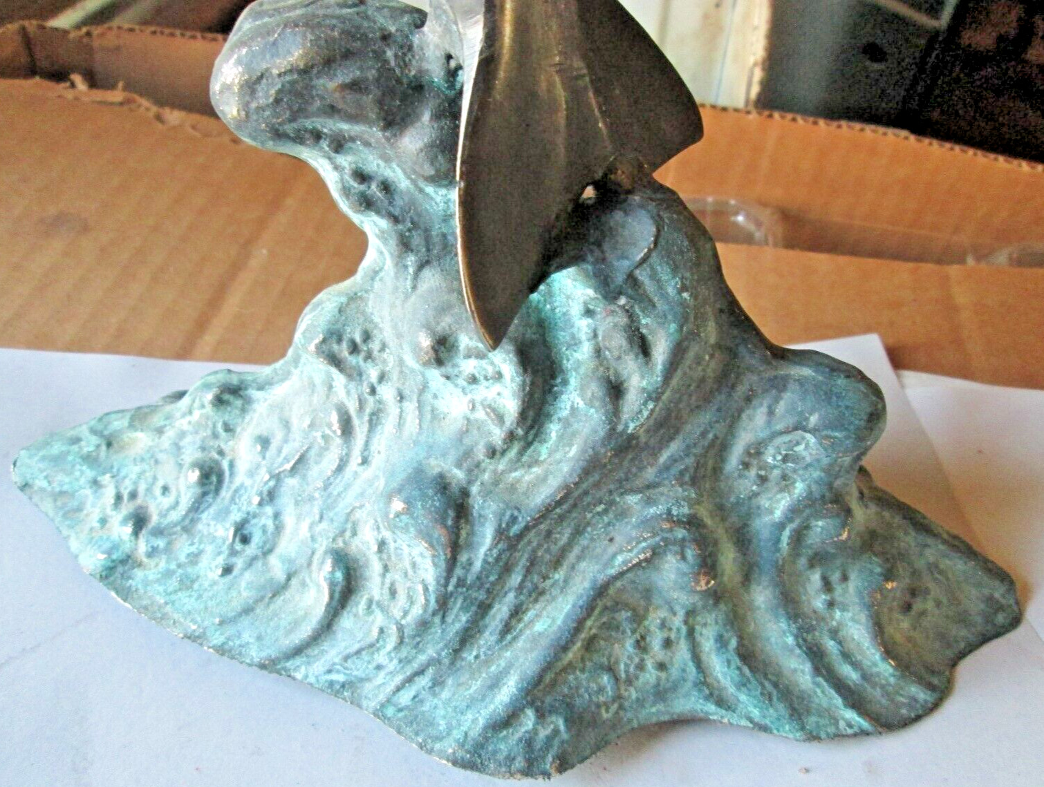 VINTAGE CAST BRONZE STATUE 2 DOLPHINS AT PLAY, 20&Prime;x8 5/8&Prime;x4 1/2&Prime; 5LBS. USED