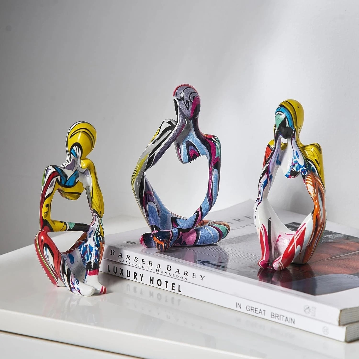 Set of 3 Colorful Resin Abstract Thinker Statues for Living Room