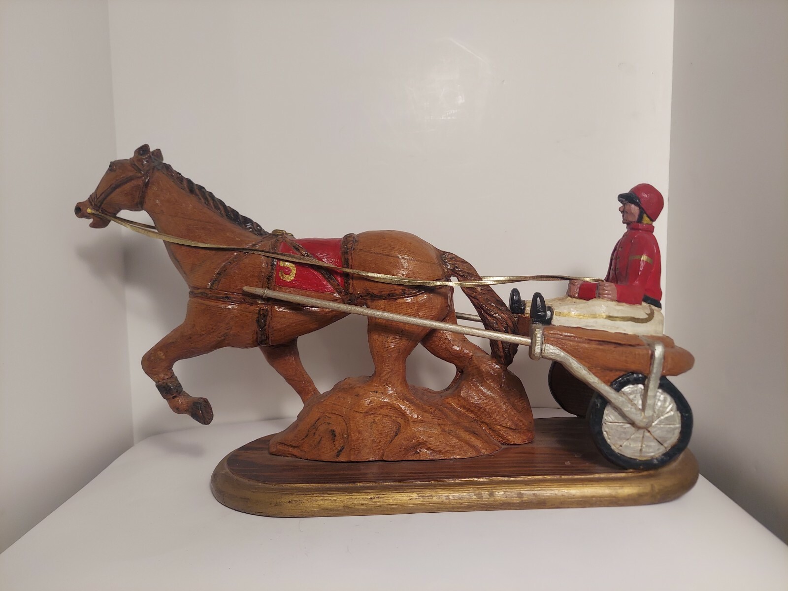Jockey And Horse Racing Cart Hand Carved Vintage Americana Wood Sculpture