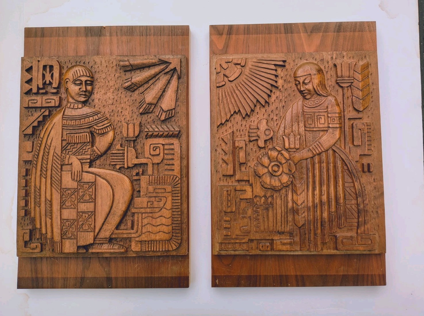 Jacques Schnier Carved Mayan Deco Sculptures Relief Vintage Pair