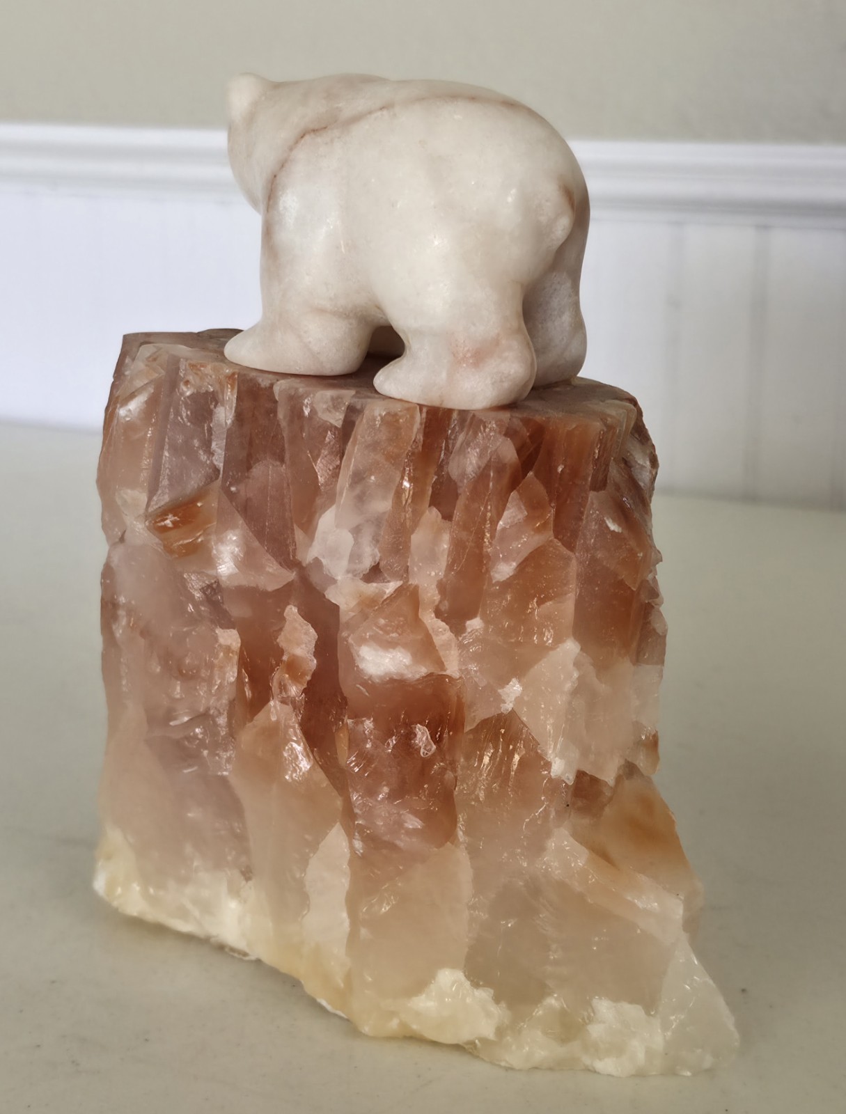 Eddie Lee SIGNED Carved 8&Prime; Alabaster Bear w/ Fish on Red Calcite Base – OOAK
