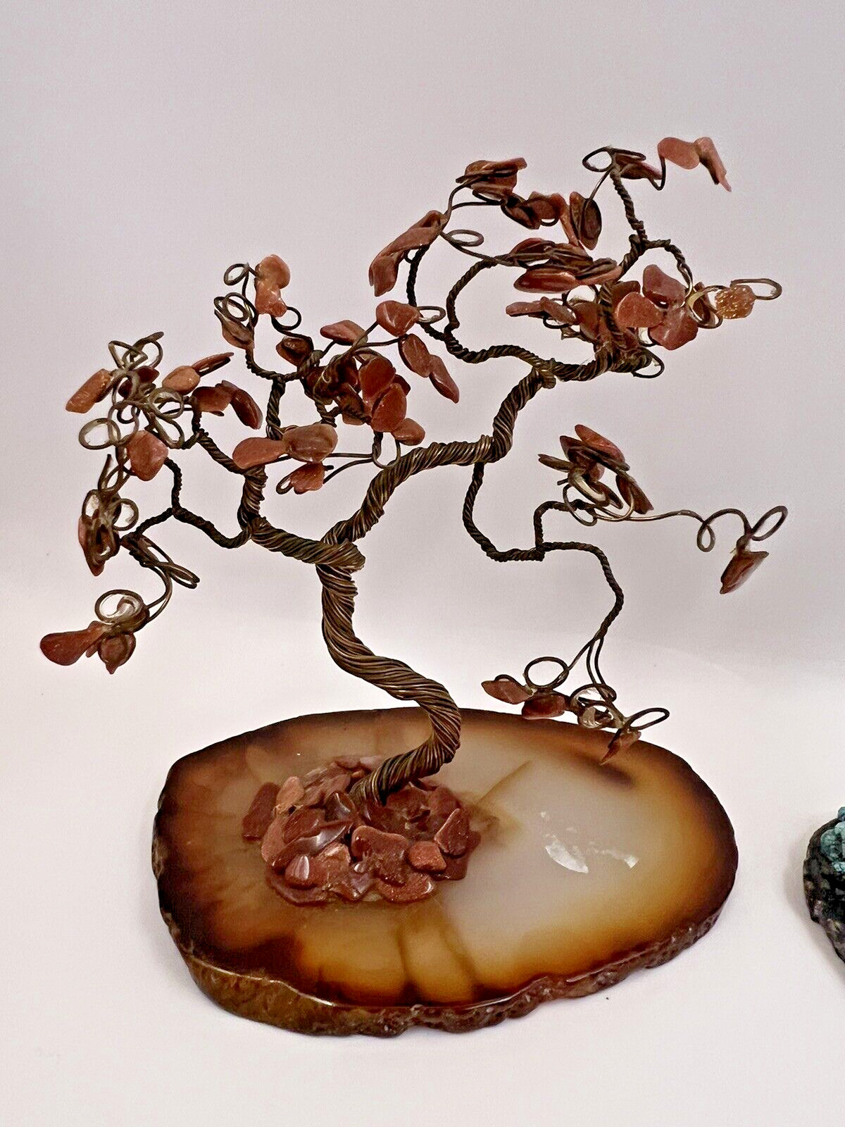 Wire Sculpture Bonsai Tree Agate Base Birthstone Gemstone Brown Decor Nature