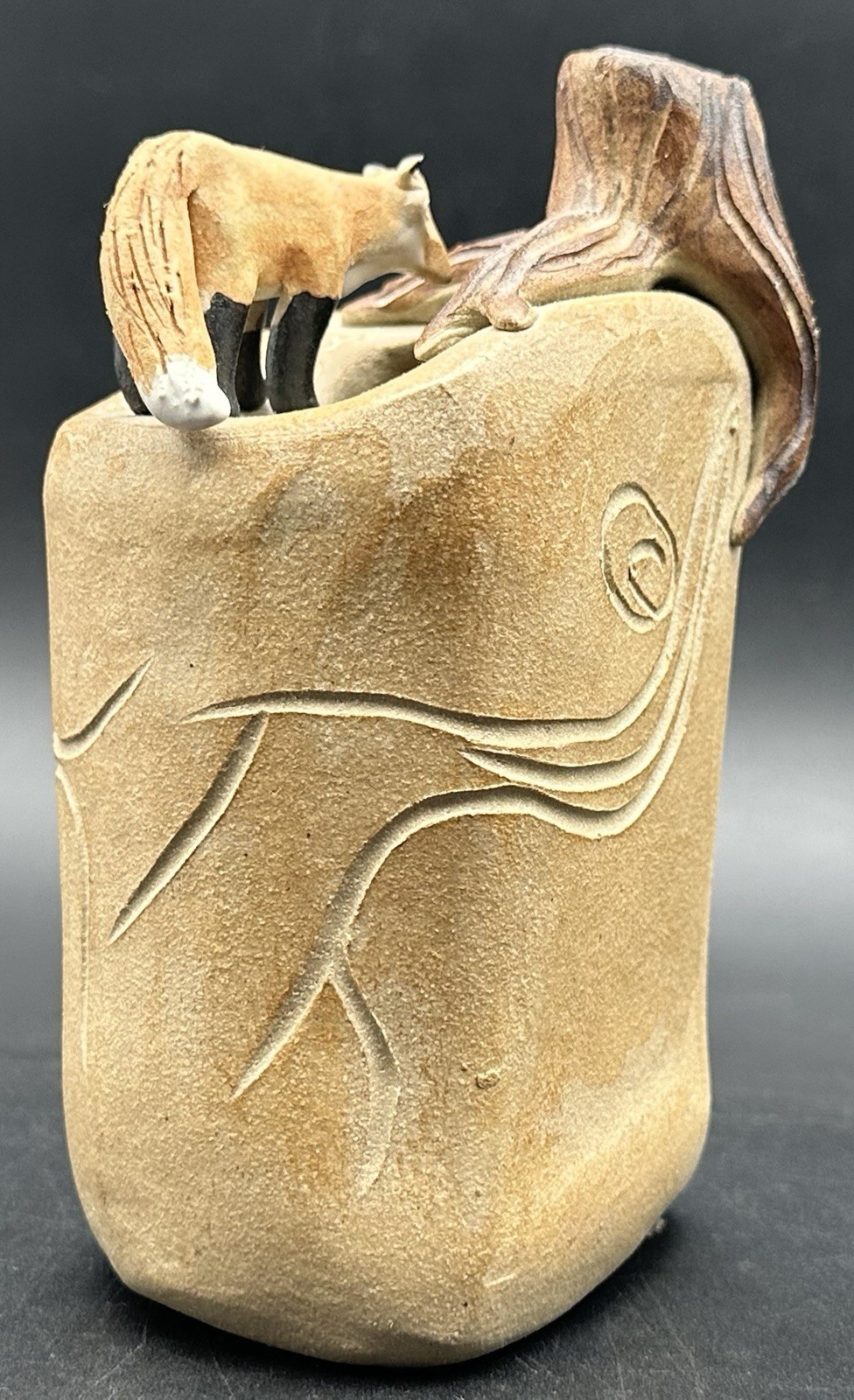 Dan and Lee Ross Studio Pottery Sculpture Fox Den Burrow Tree Stump MN Artists