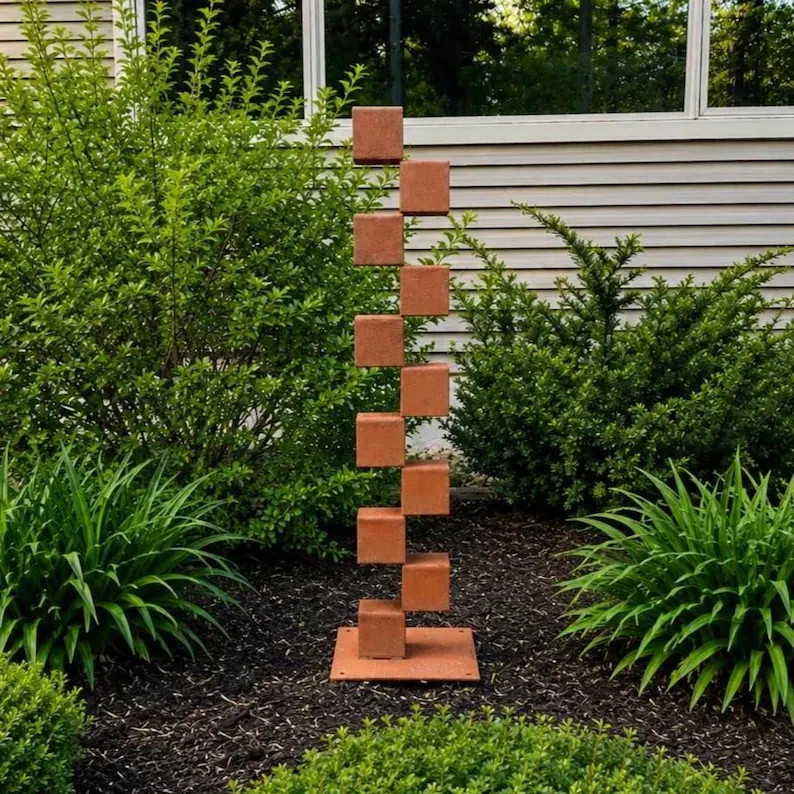 Tall Geometric Garden Sculpture – 45” Rusted Steel Cube Column, Modern Yard Art