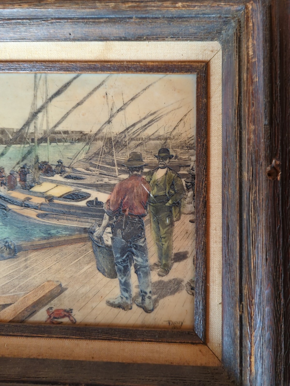 Antique 4D Henry Francois Farny – Framed Etched Panel Of San Francisco Pier 1883