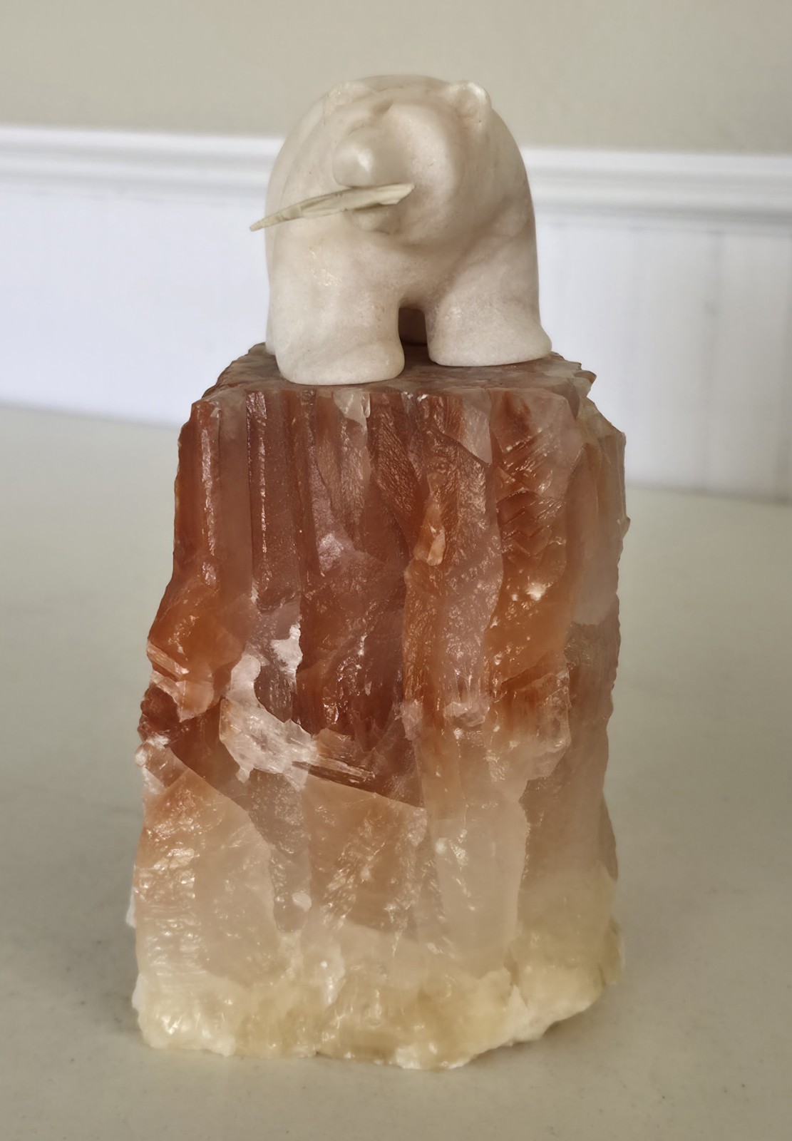 Eddie Lee SIGNED Carved 8&Prime; Alabaster Bear w/ Fish on Red Calcite Base – OOAK