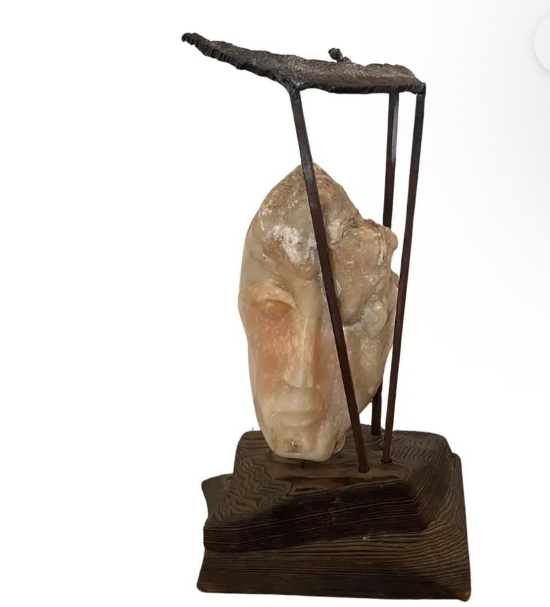 Metal Framed Alabaster Face Sculpture on Wood Base by Leon Saulter