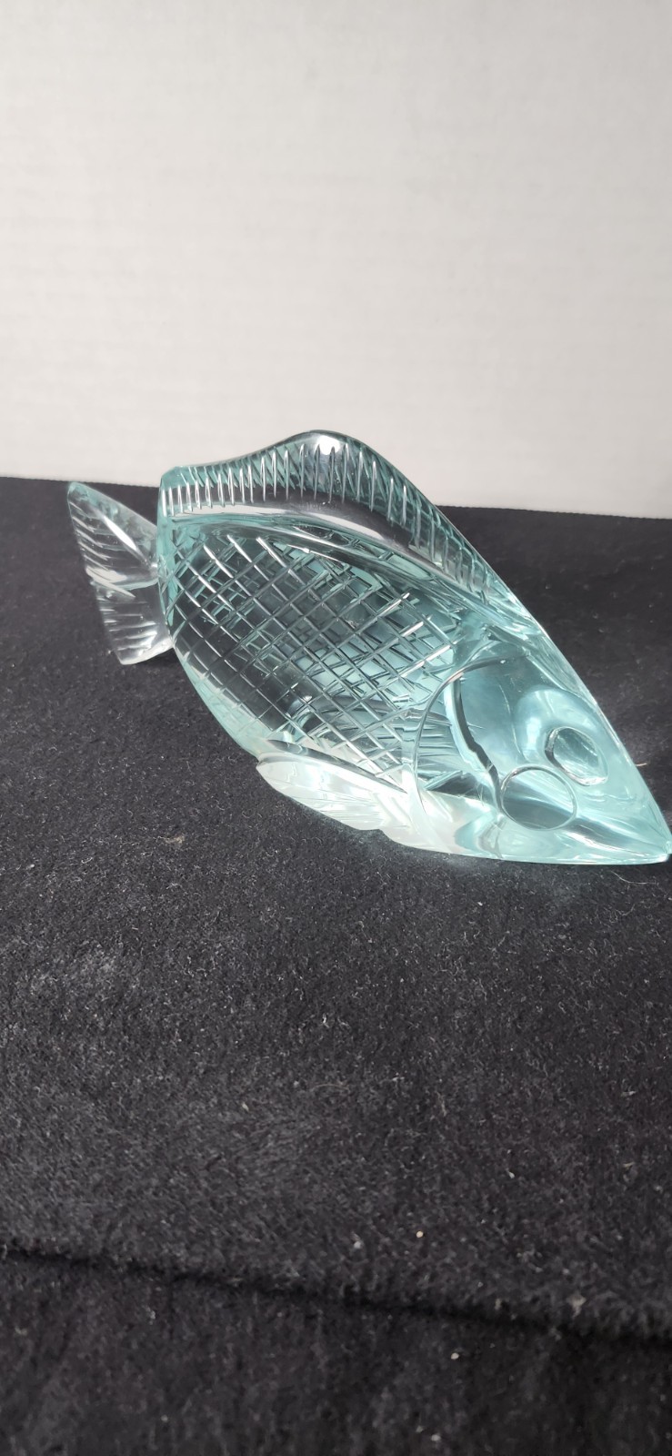 Carved Crystal Art Glass Fish Light Mint 3.75 X 7 Inches 1.75 Wide. Criss-cross