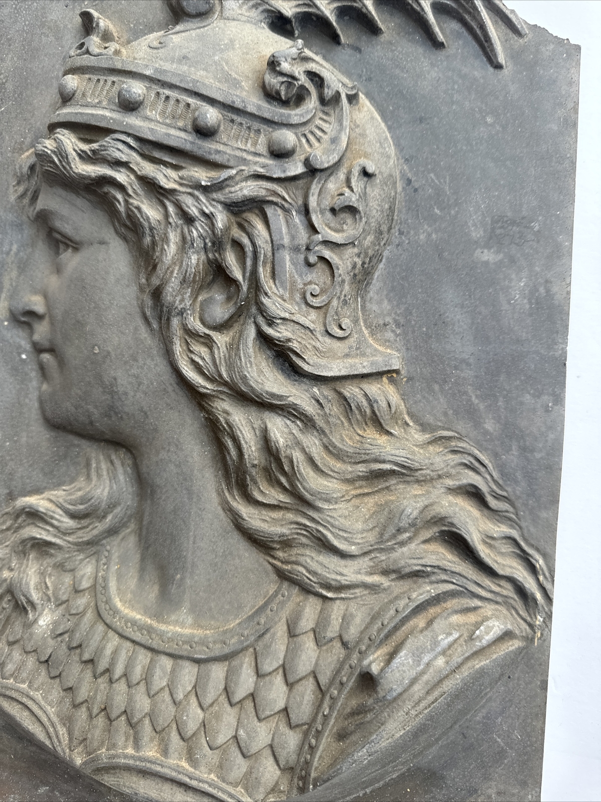 BRUNHILDE METAL SCULPTURE ARCHITECTURAL ICONIC PORTRAIT HELMET ANTIQUE BROKEN
