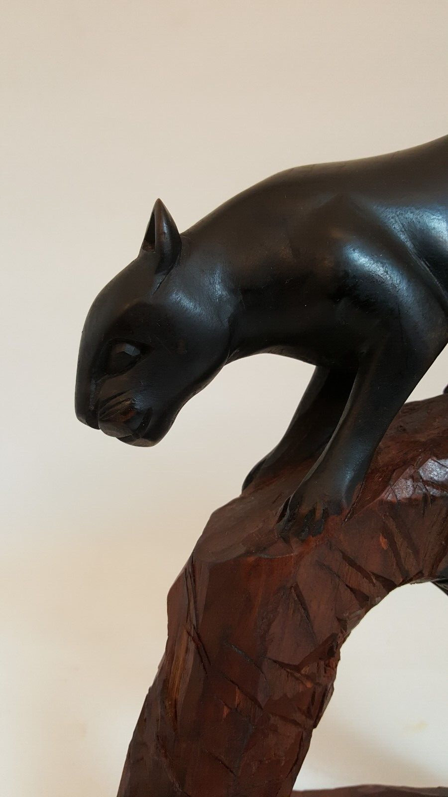 Vintage handcarved wood one piece black panther and snake sculpture signed