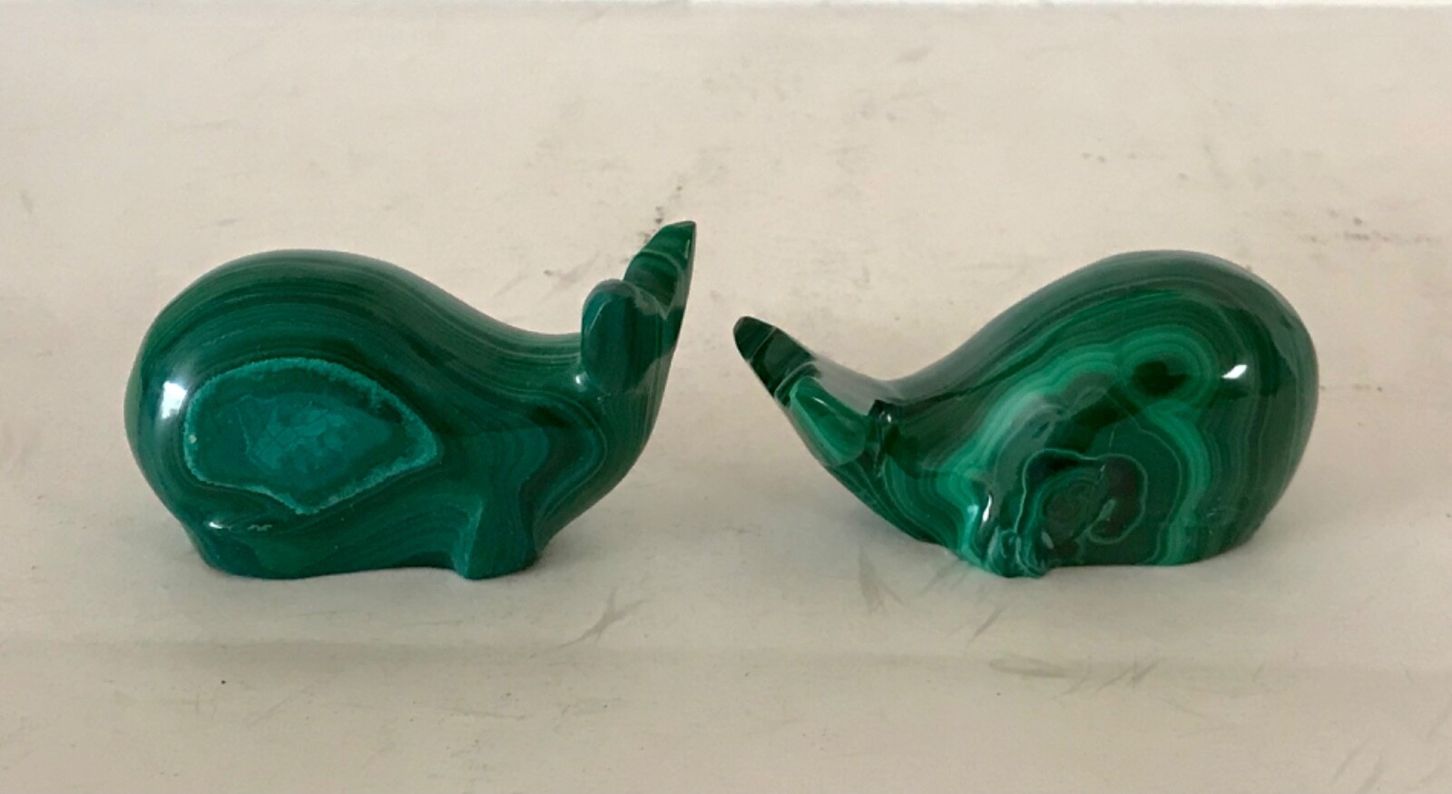 Pair of Small Malachite Whale Figuring Statue Sculptures 2.25&Prime; Long