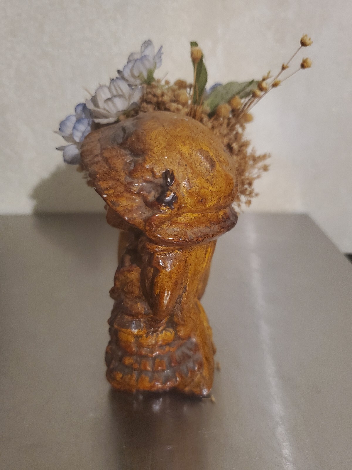 Unique Vintage 6&Prime; Tall Figurine Chalkware Girl Planter Decor w/Dried Flowers