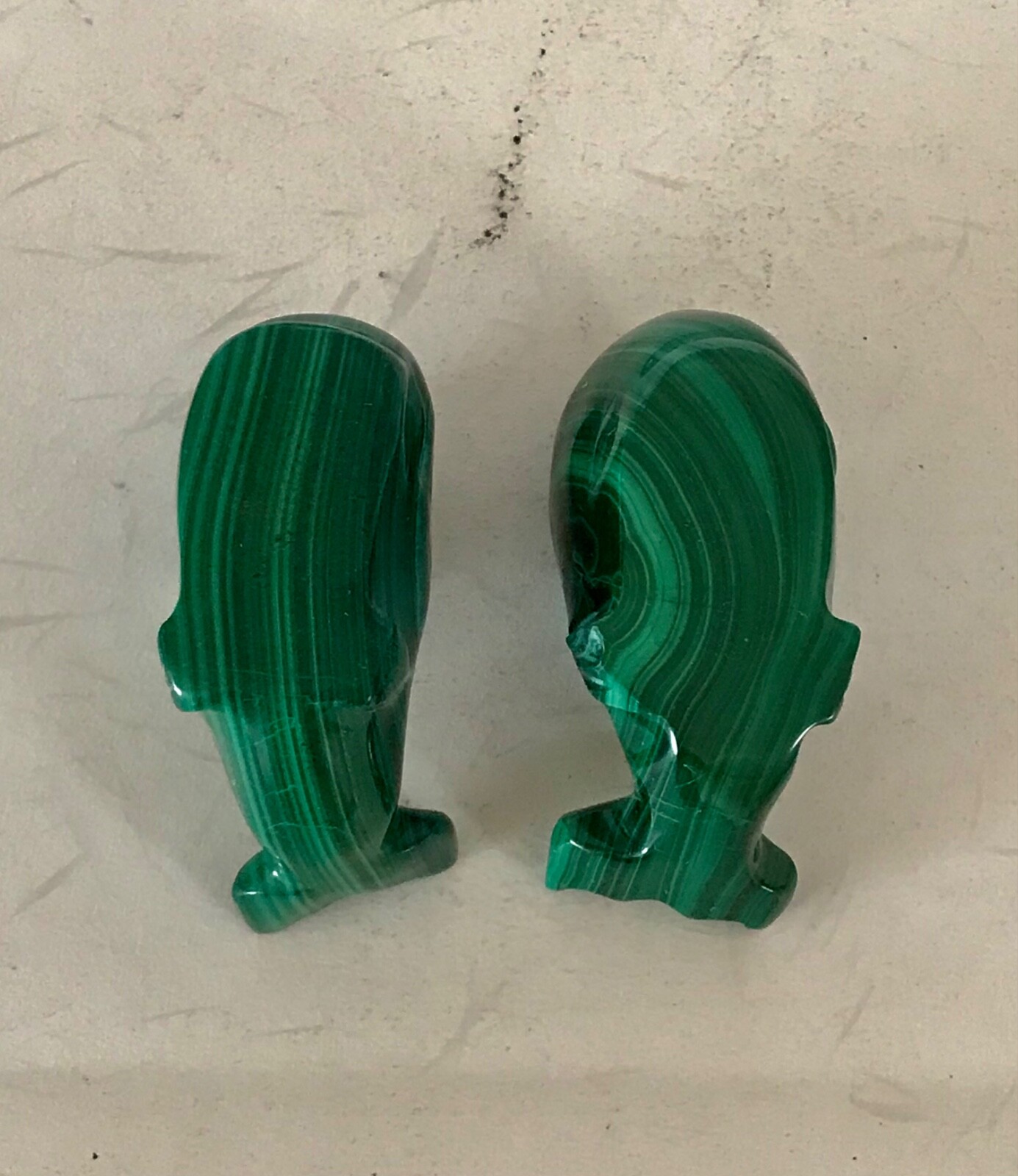 Pair of Small Malachite Whale Figuring Statue Sculptures 2.25&Prime; Long