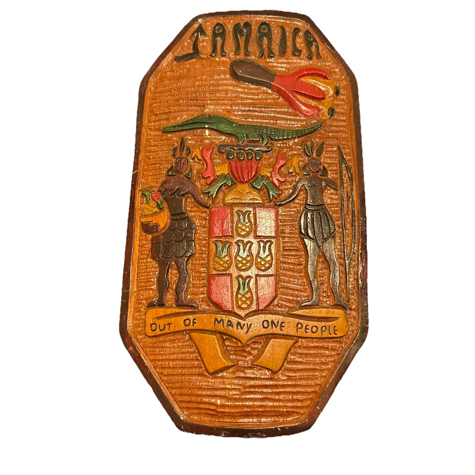 JAMAICA – Out Of Many One People -Hand Carved Wooden Wall Plaque Folk Art