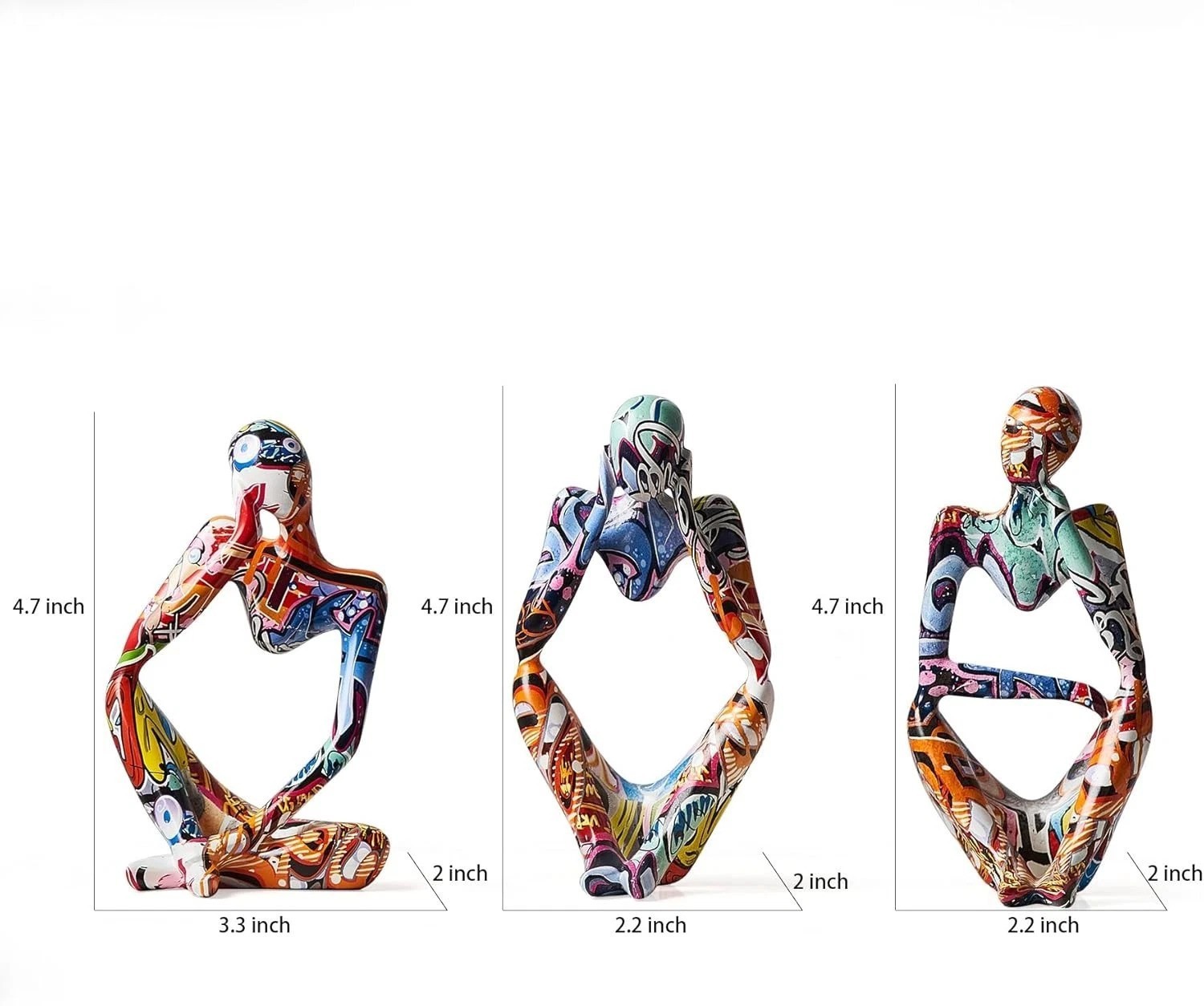 Set of 3 Colorful Resin Abstract Thinker Statues for Living Room