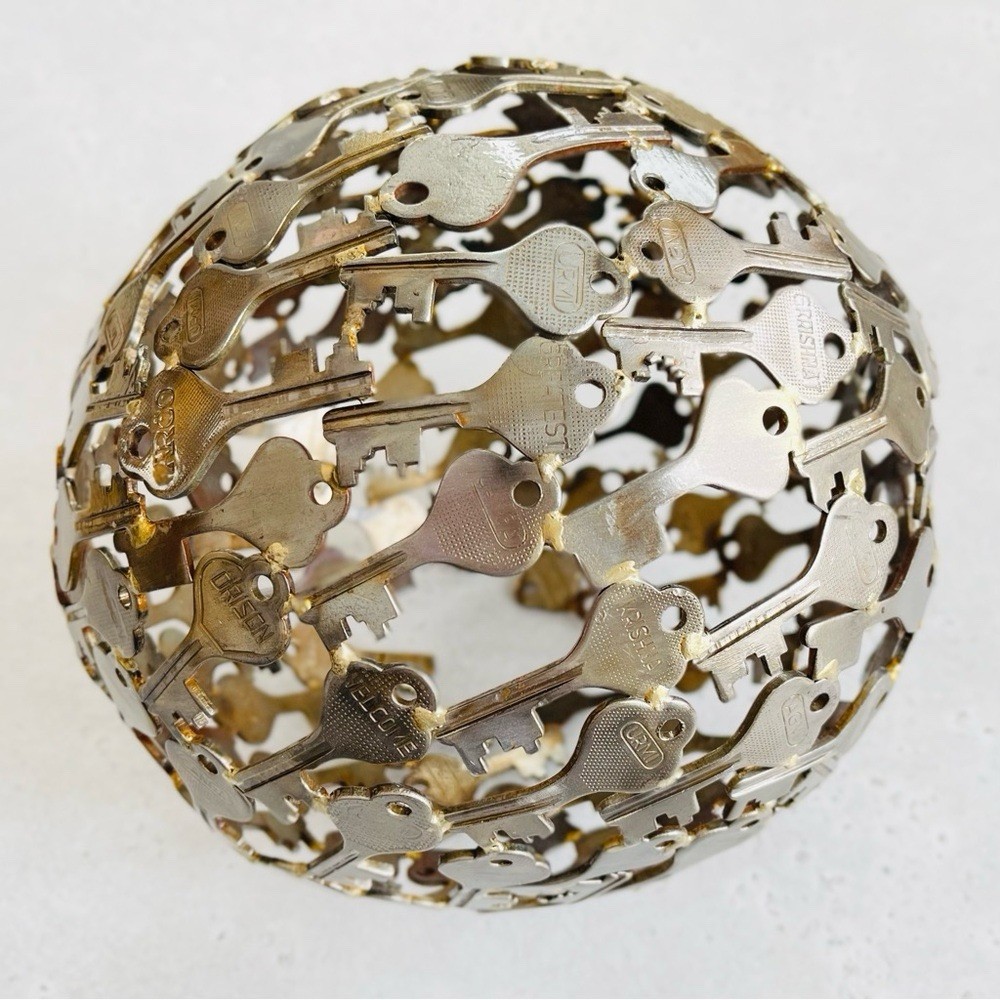 Vintage Handmade Welded Metal Key Sphere Retro Funky Decor 8”MCM Art Sculpture