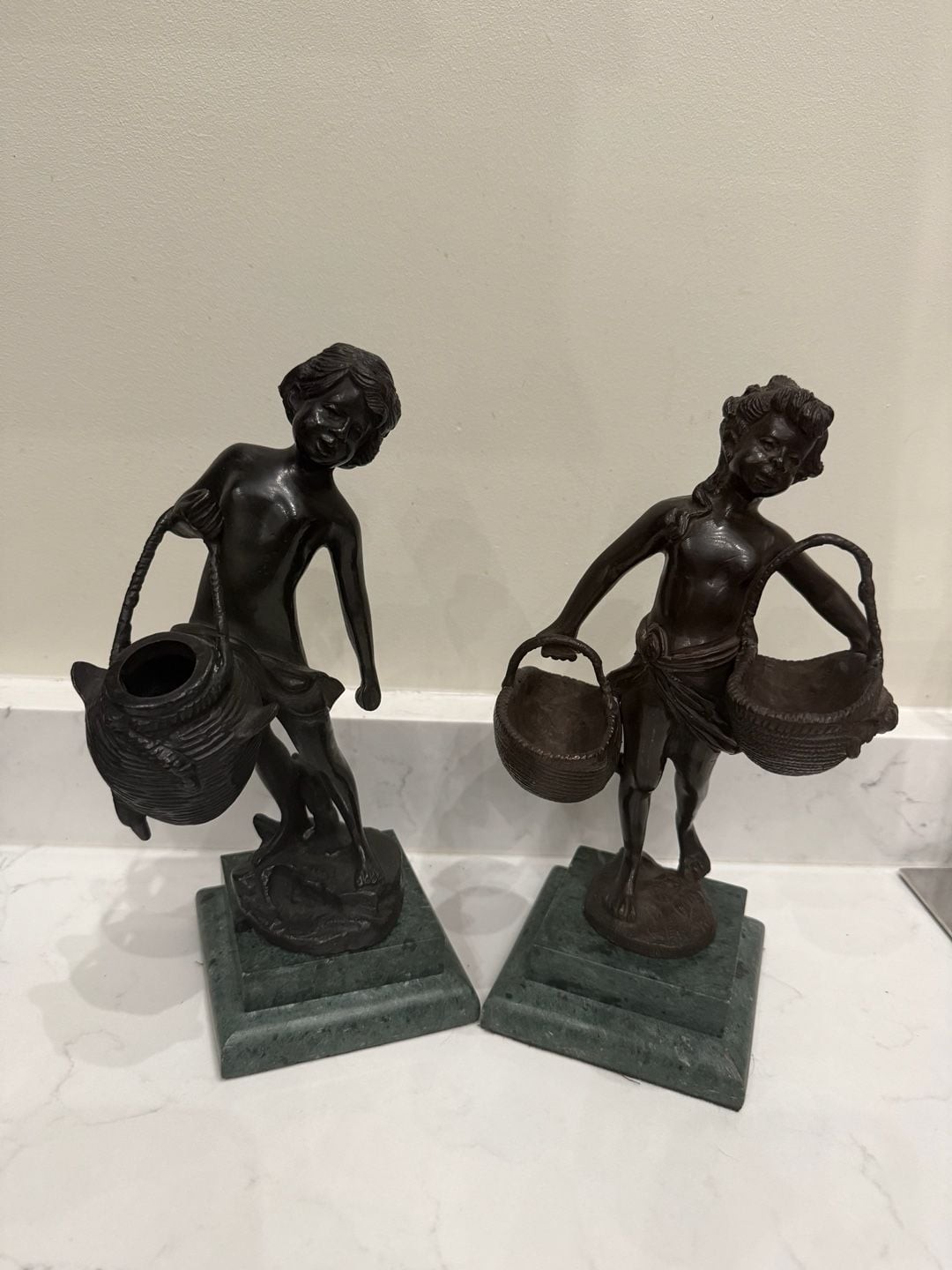 Pair of Antique Suzanne Bizard Style Bronze Figural Sculptures of Girls with Bas