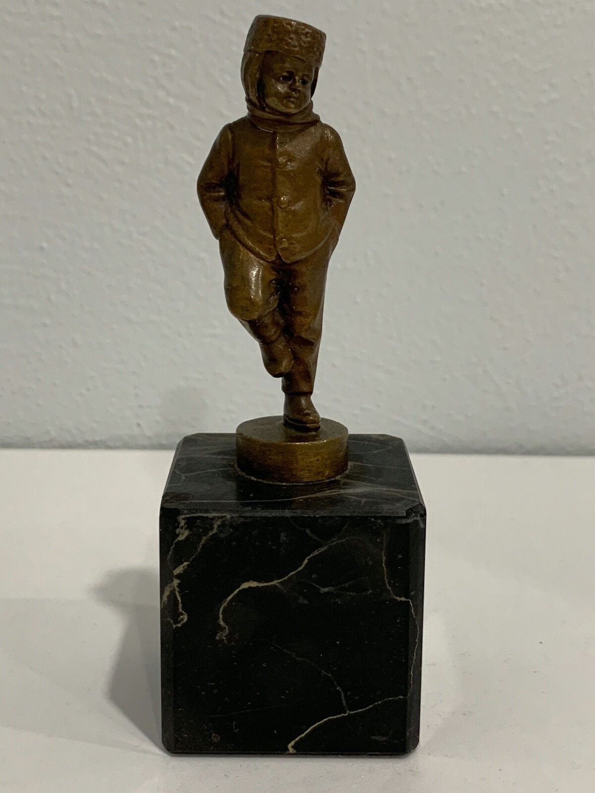 Antique Bronze Boy Wearing Hat Statue / Sculpture Figurine on Black Marble Base