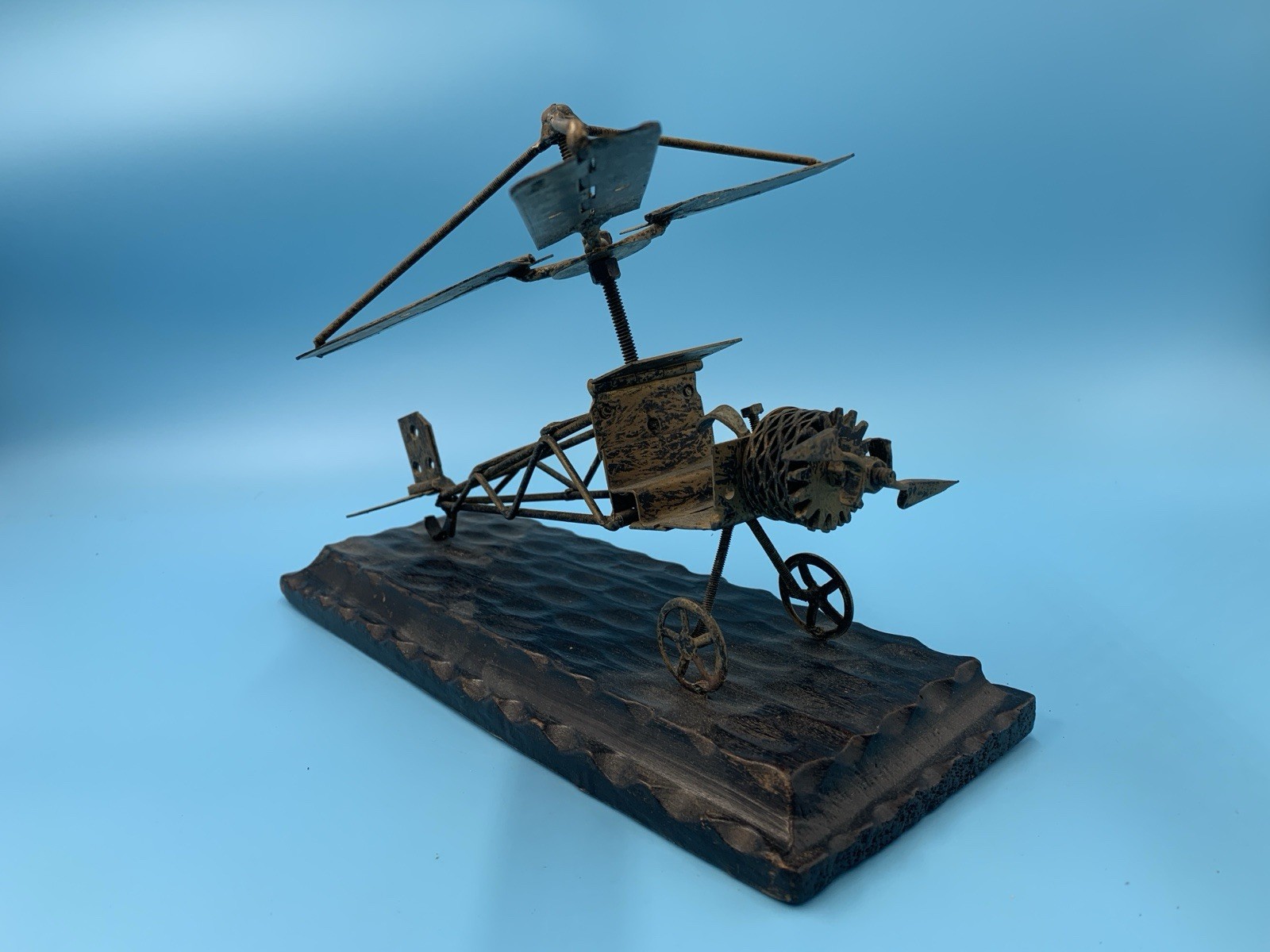 Charles Marcak Metal Art Sculpture Plane / Helicopter Blades Rustic Wooden Base