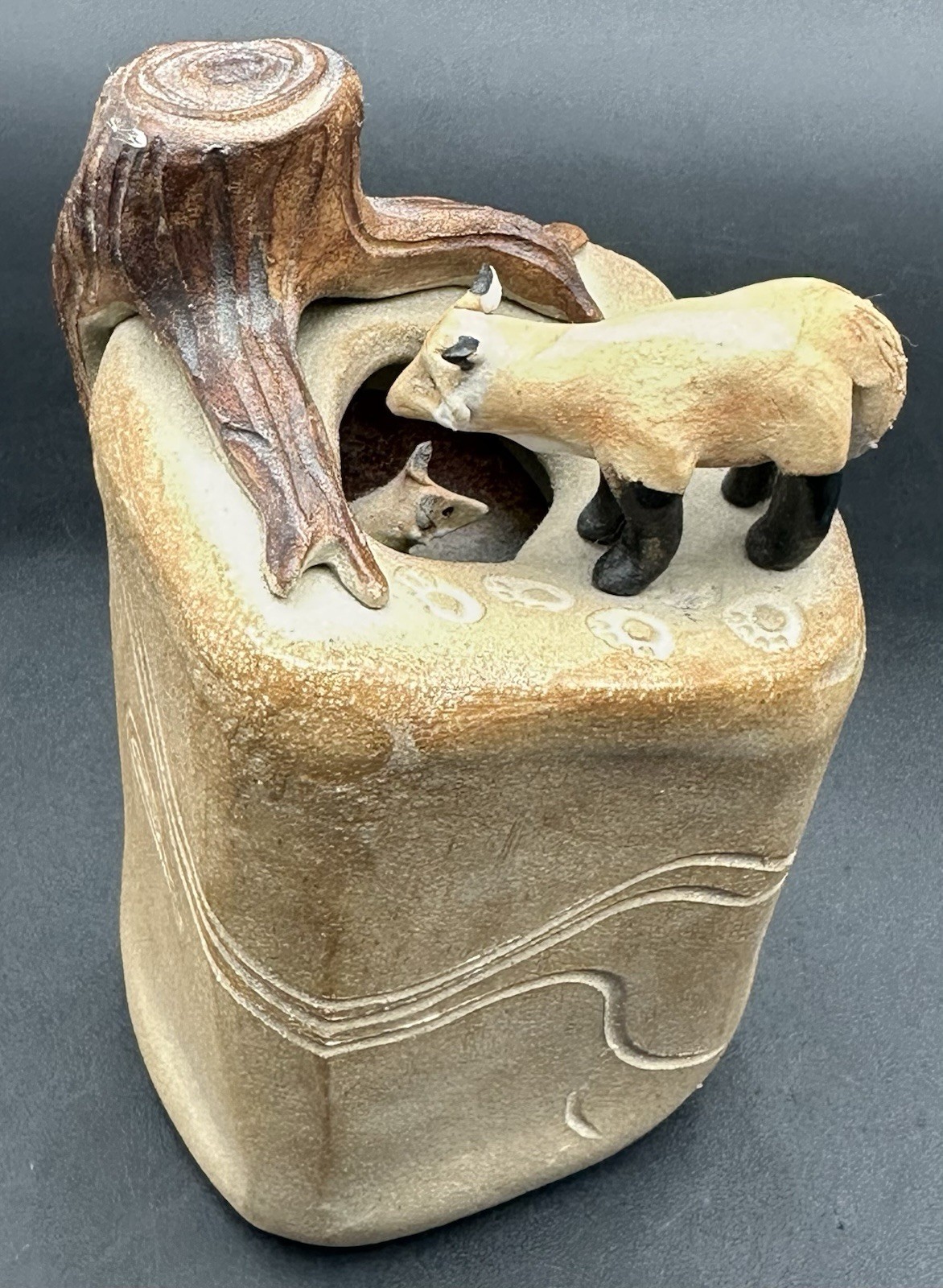 Dan and Lee Ross Studio Pottery Sculpture Fox Den Burrow Tree Stump MN Artists