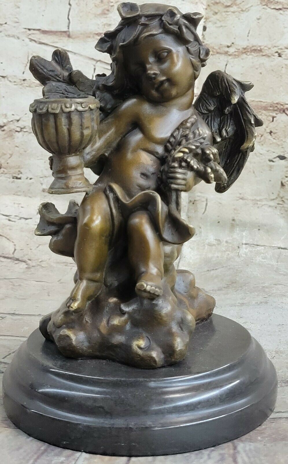 Baby Boy Guardian Angel Religious Bronze Sculpture Marble Base Figurine Statue