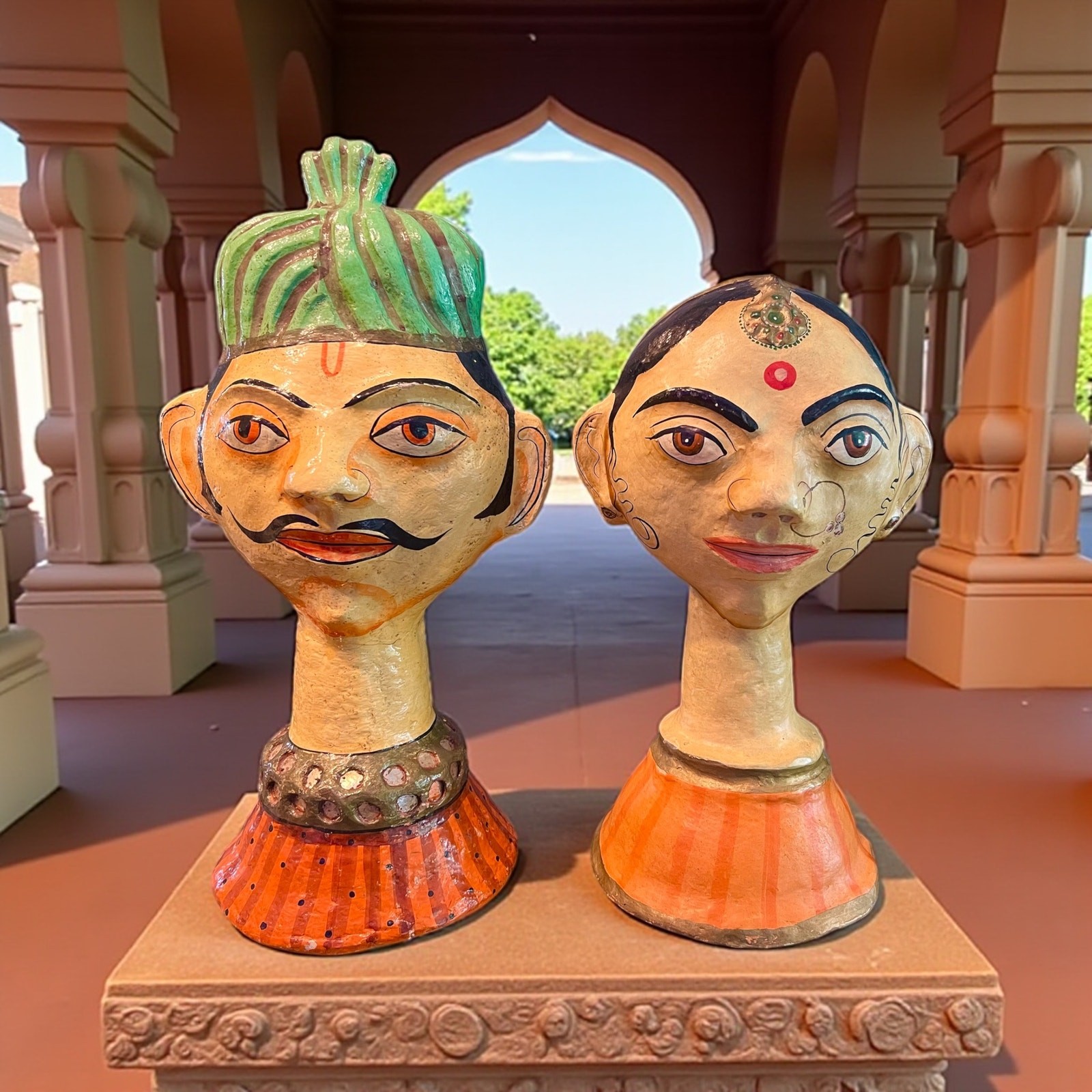 India Paper Mache Folk Art Bust Pair-Rajasthani Style Heads-Kasmiri-Sculpture