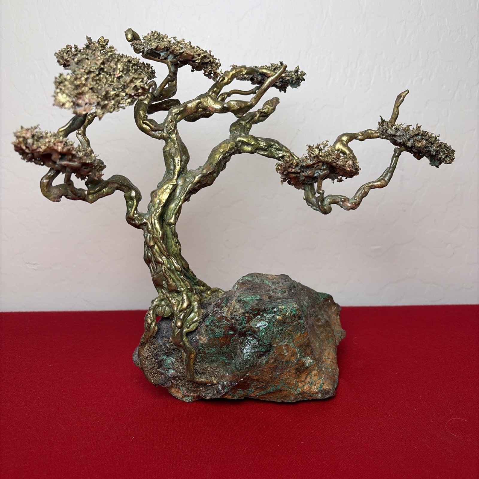 Brutalist Bonsai Cypress Tree Sculpture+Green Stones(Some Missing) Vintage Bell?