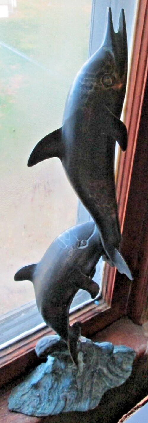 VINTAGE CAST BRONZE STATUE 2 DOLPHINS AT PLAY, 20&Prime;x8 5/8&Prime;x4 1/2&Prime; 5LBS. USED
