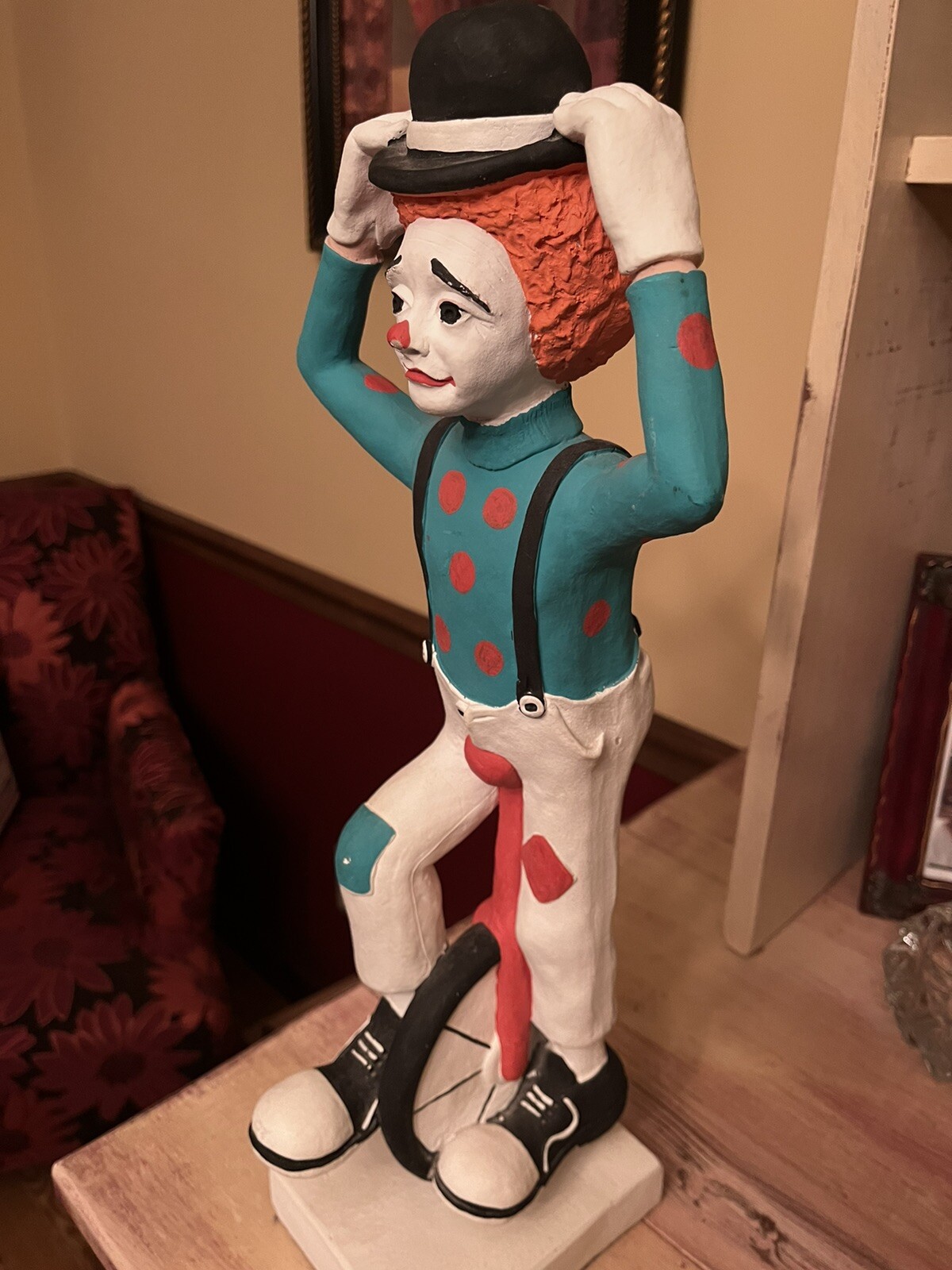 Vintage Austin Production Eduardo Chalkware 1987 Unicycle Clown Sculpture statue