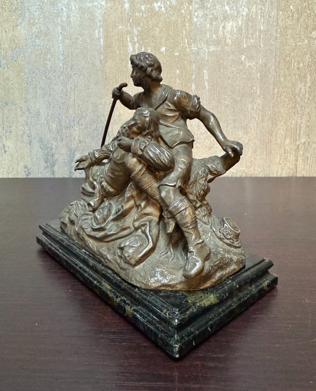 P.Müller Signed Figurative Group – Shepherd Aiding Elder Bronze on Marble c.1900