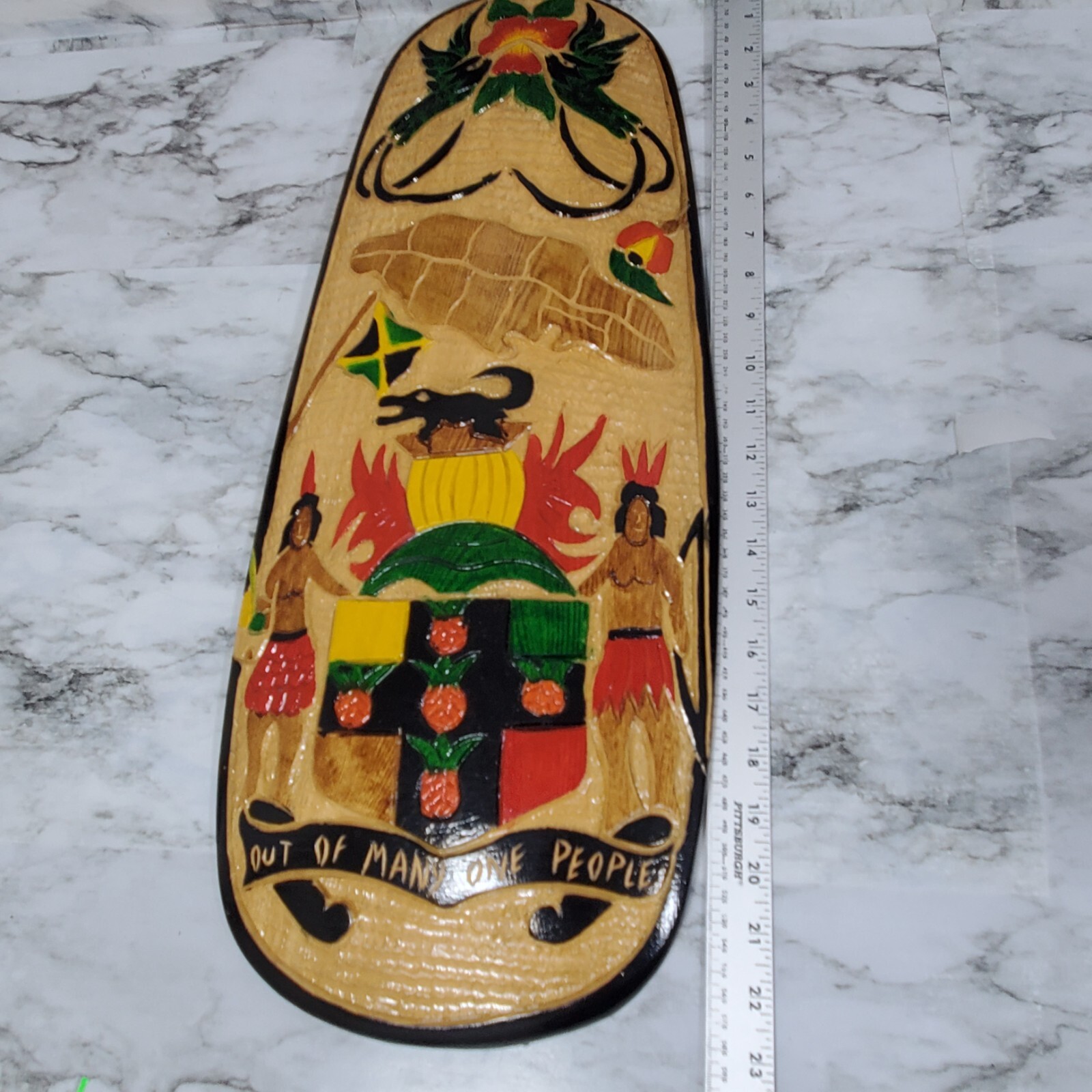 Hand-Carved Wooden Wall Plaque Jamaica Coat of Arms Out of Many One People