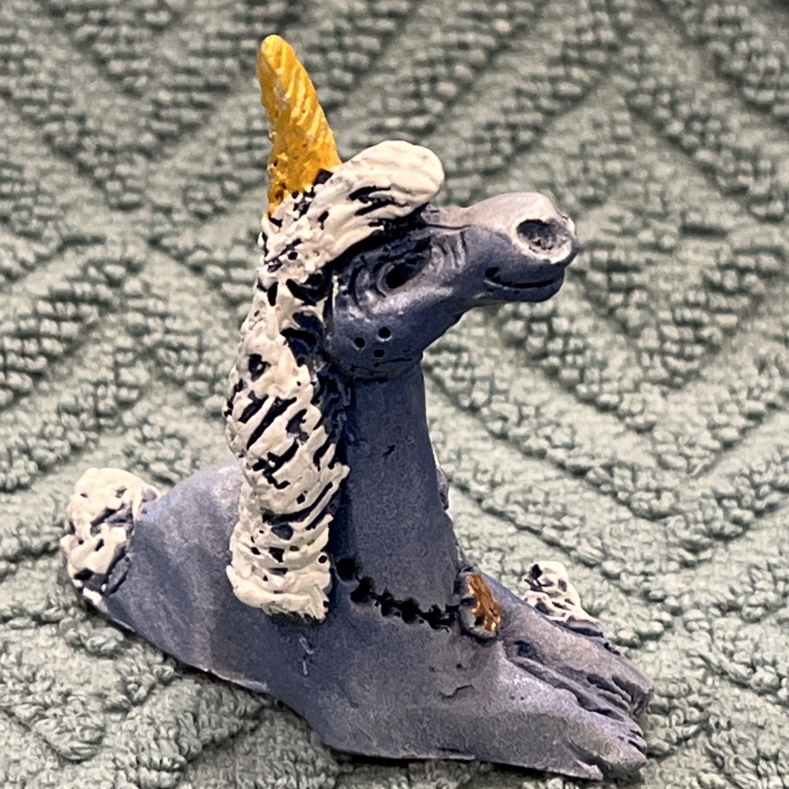 Unicorn Clay Sculpture By Buhner Studios Signed On Bottom 2.25” Blue And White