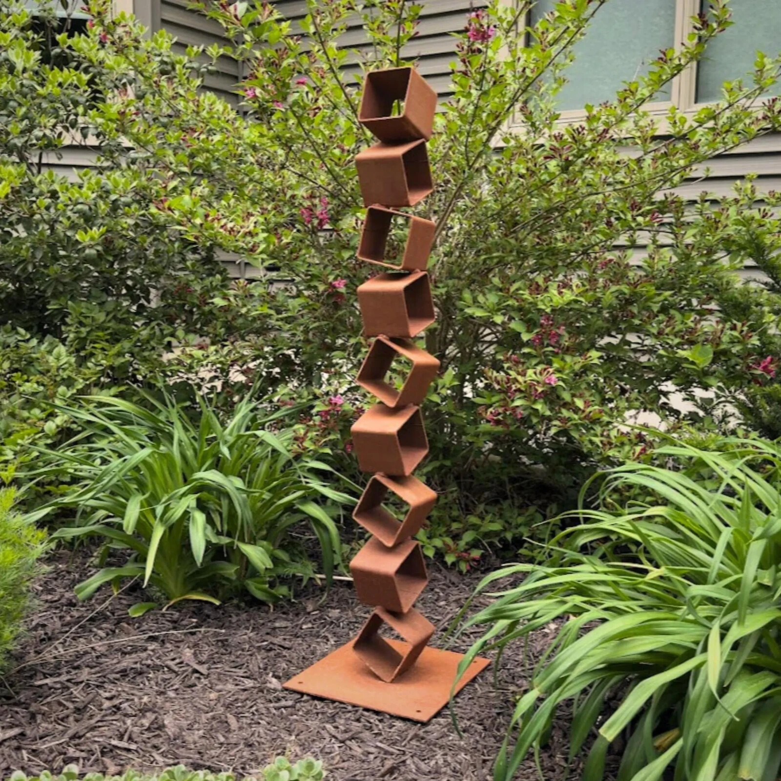 Modern Rusted Metal Garden Sculpture | 48&Prime; Outdoor Steel Yard Art | Stacked Cube