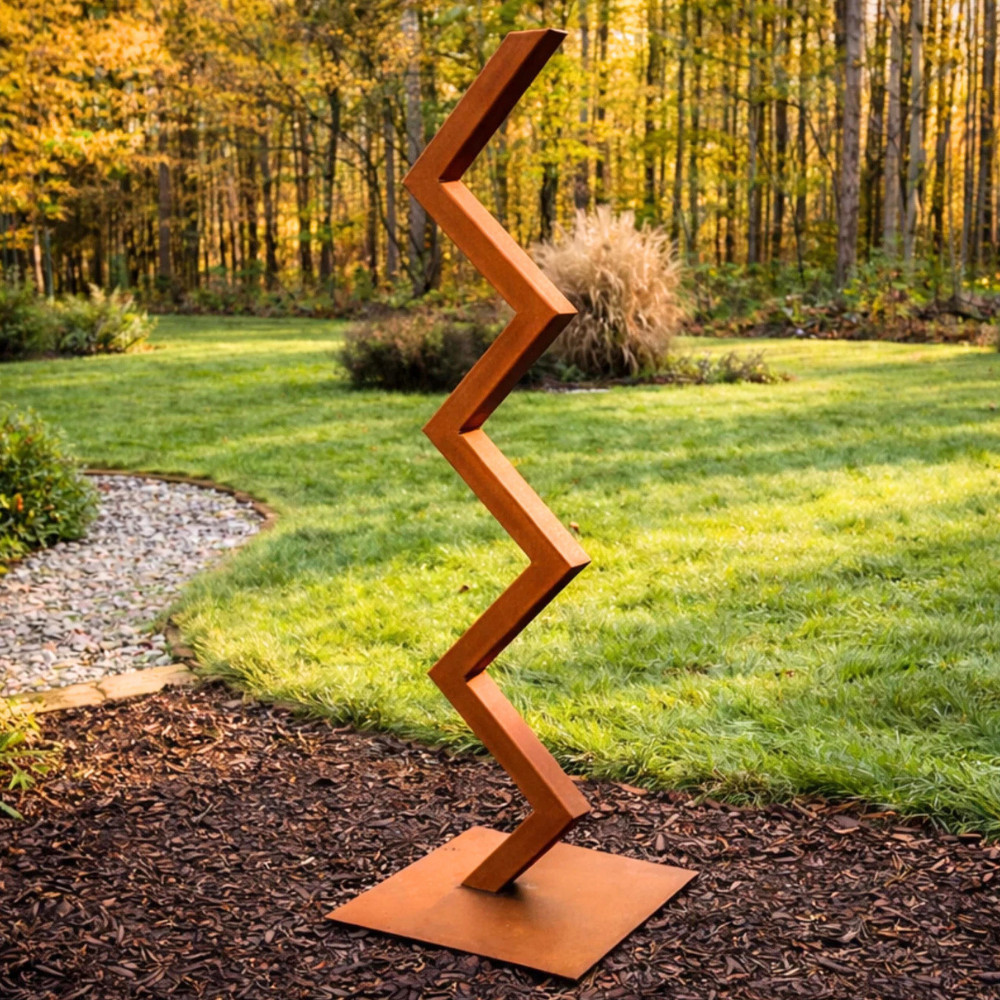 Large Modern Rusted Metal Sculpture – Abstract Zigzag Outdoor Art – Handcrafted