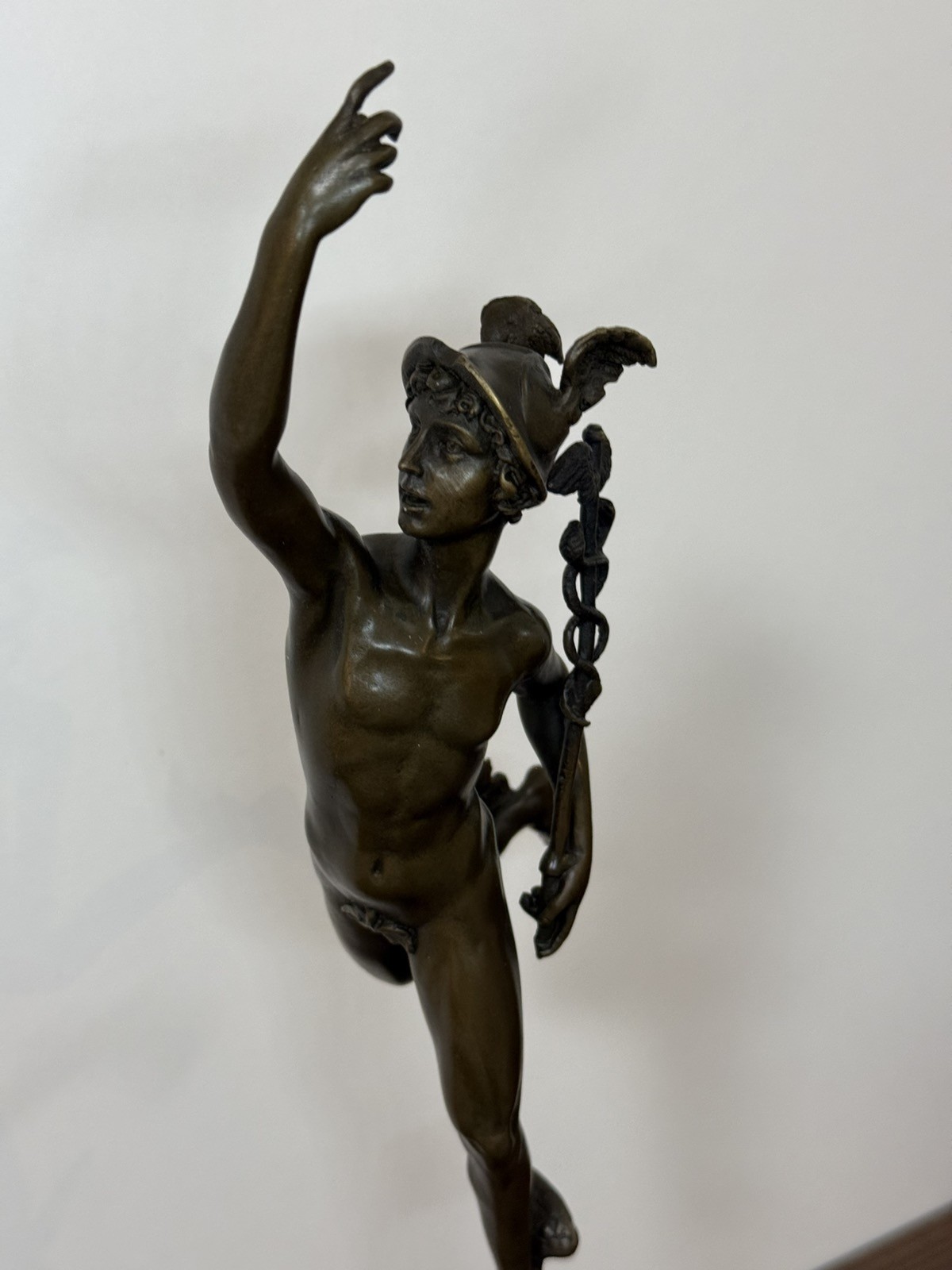 Bronze Mercury Sculpture Hermes Statue Caduceus Cupid Mythology Wings Helmet Art