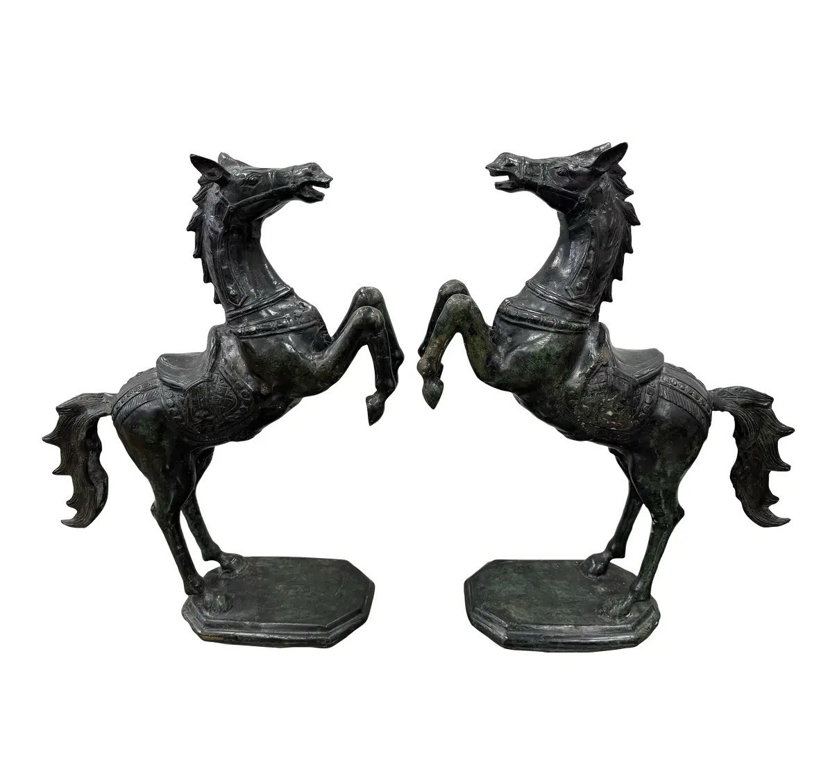Magnificent Pair Prancing Metal Horse Sculptures Statues 24&Prime; Tall Equestrian Art