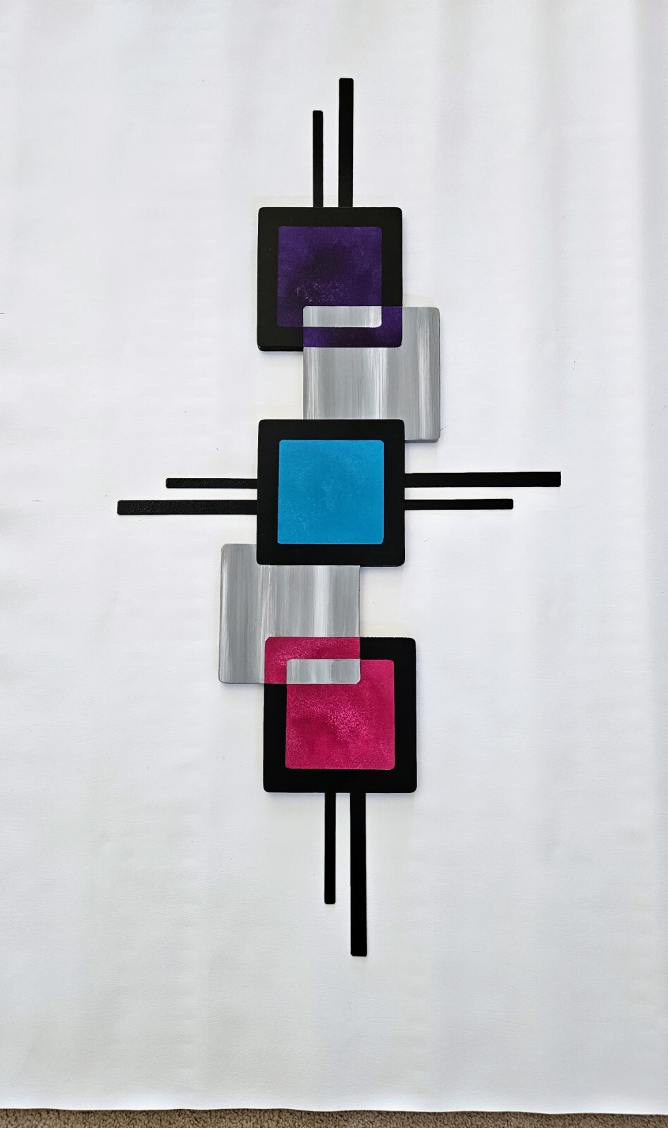 Colorful Square Wood wall art w/metal, Purple, grey, turquoise, pink art 40×21