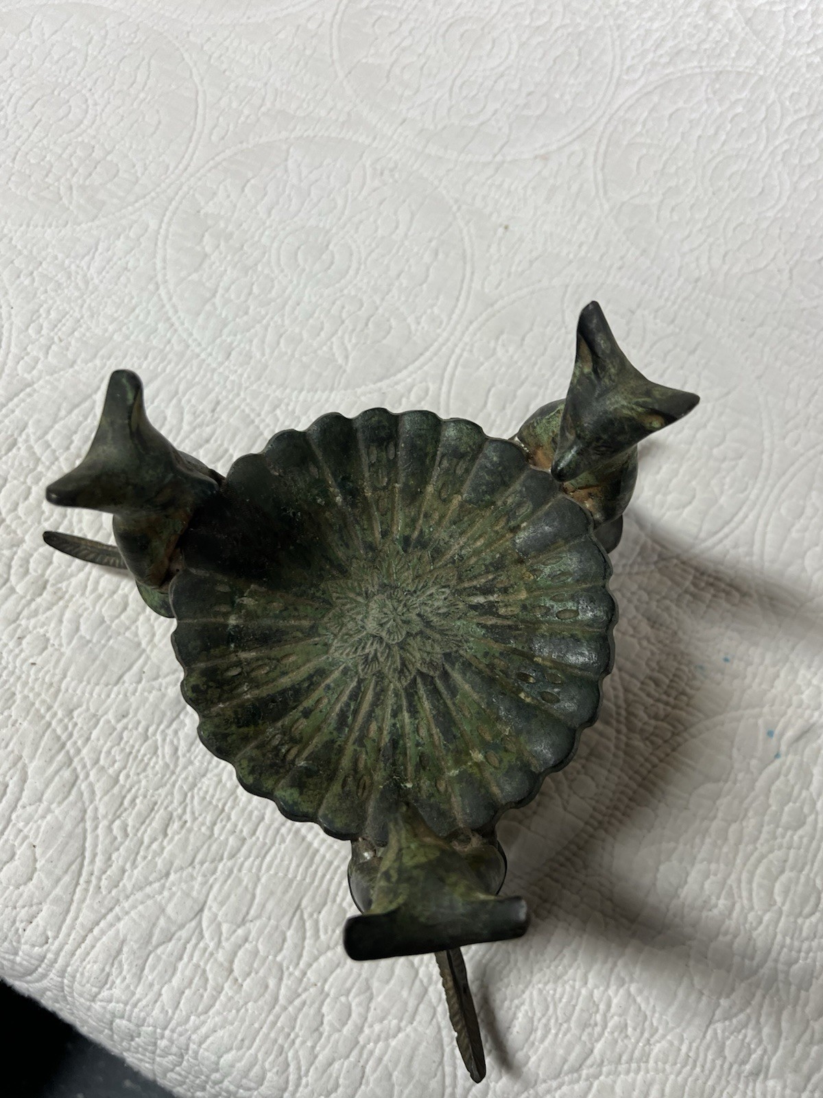 Vintage fox/dog candle holder/key caddy. Whimsical serving pose rich age patina