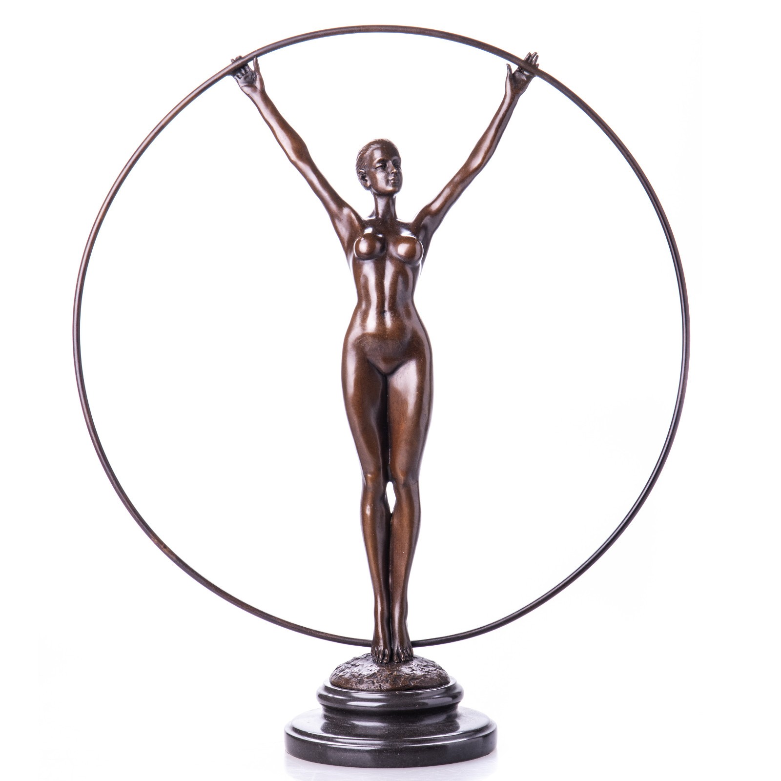 Bronze Sculpture Female with a ring Art deco on marble black base after Milo